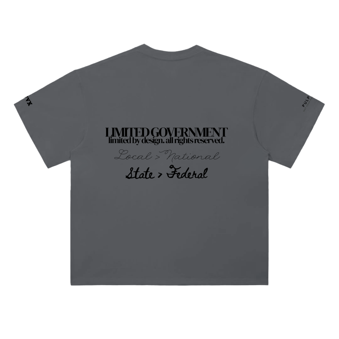 Limited government t-shirt in dark gray featuring typographic back graphic