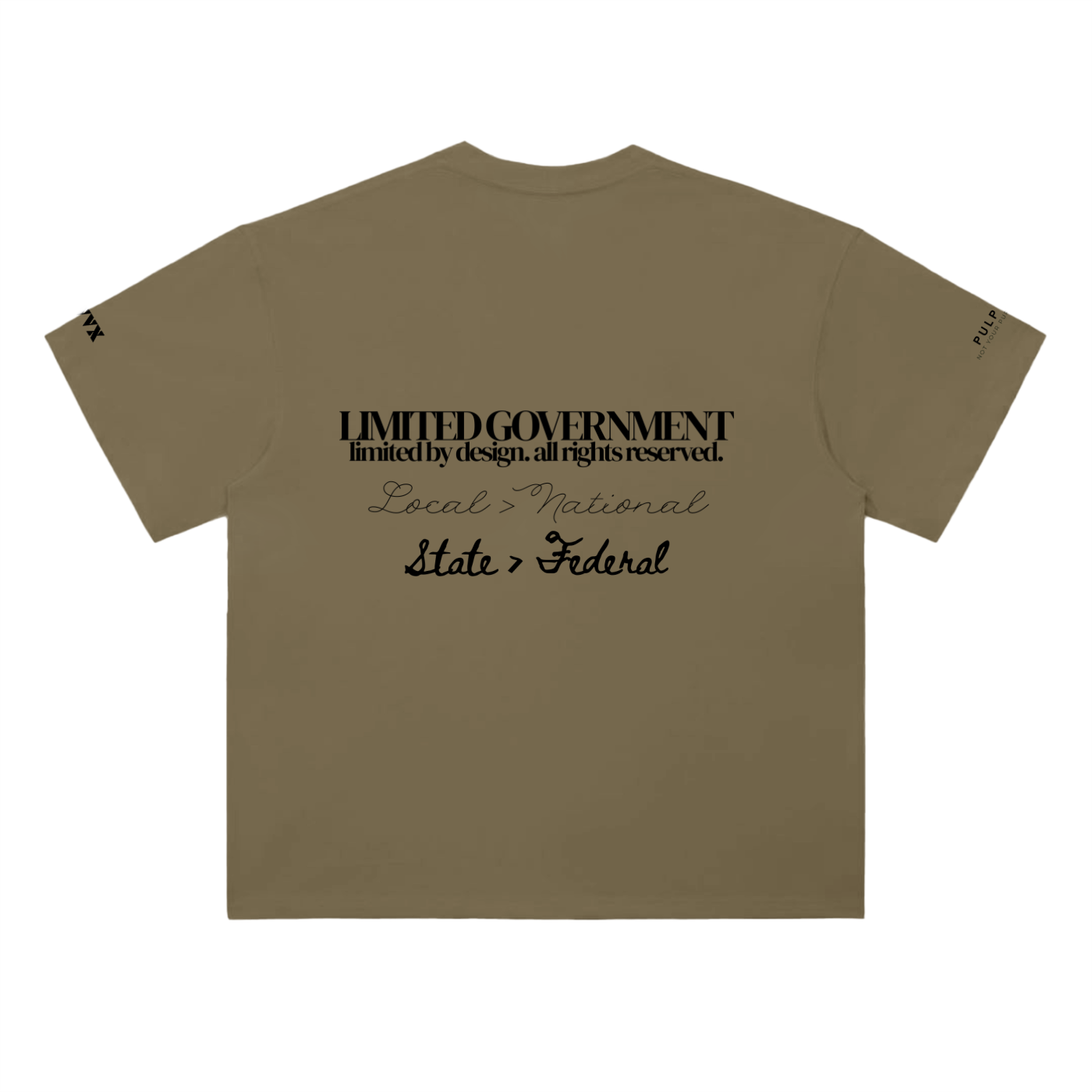 Limited government t-shirt in deep khaki featuring typographic back graphic