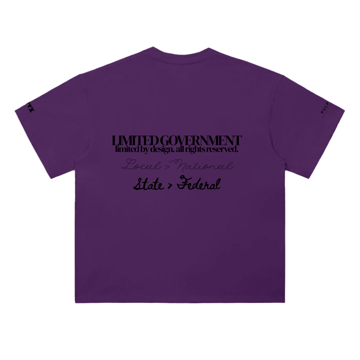 Limited government t-shirt in grape purple featuring typographic back graphic
