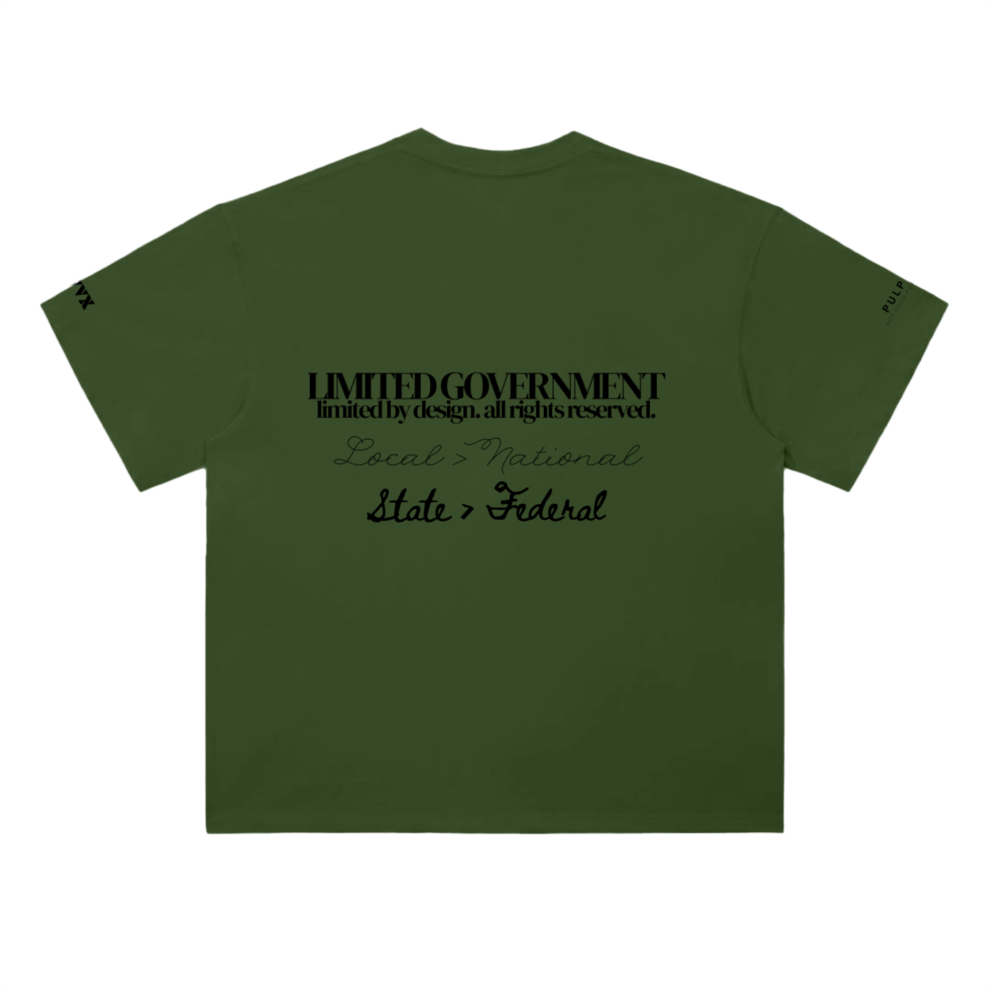 Limited government t-shirt in jungle green featuring typographic back graphic
