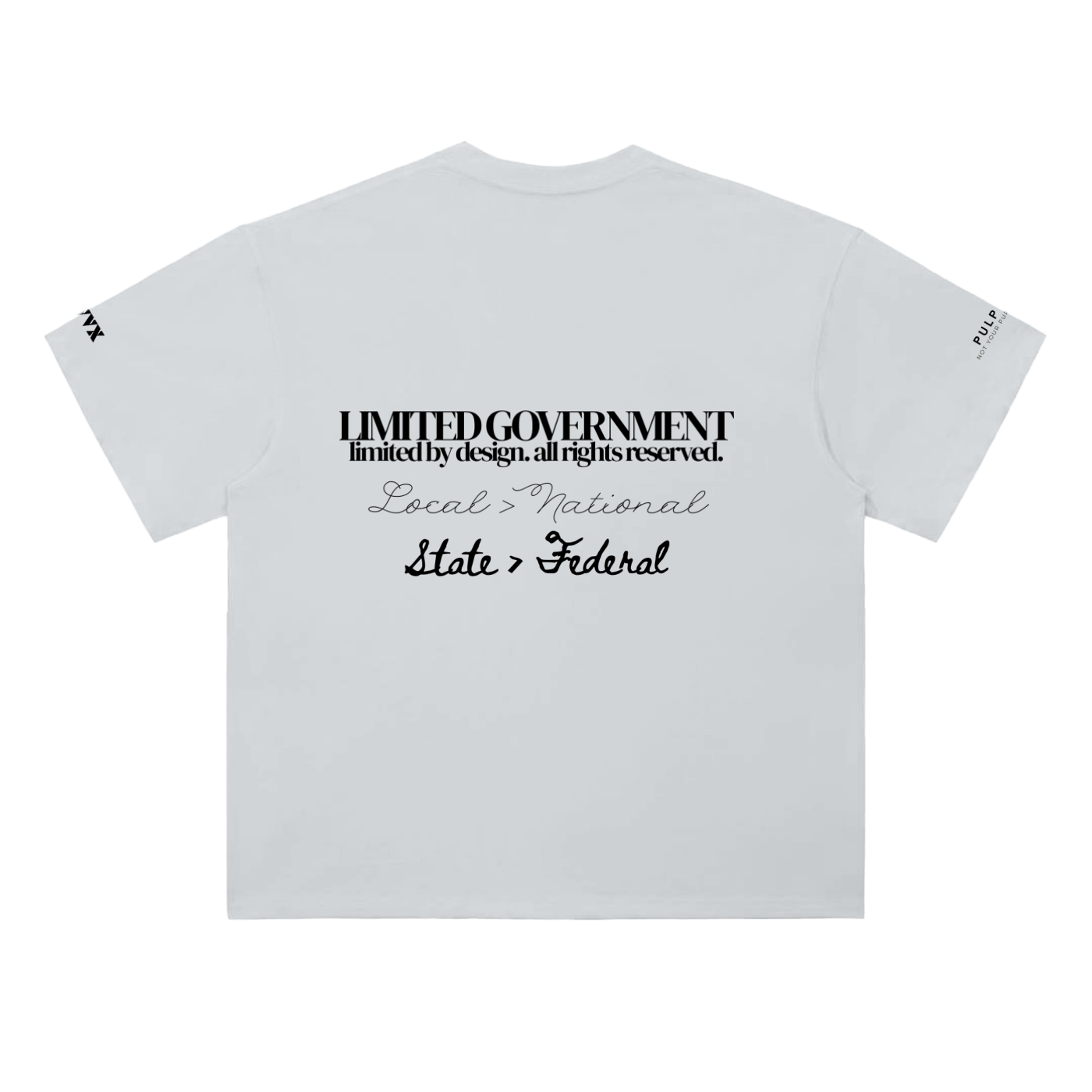 Limited government t-shirt in light gray featuring typographic back graphic