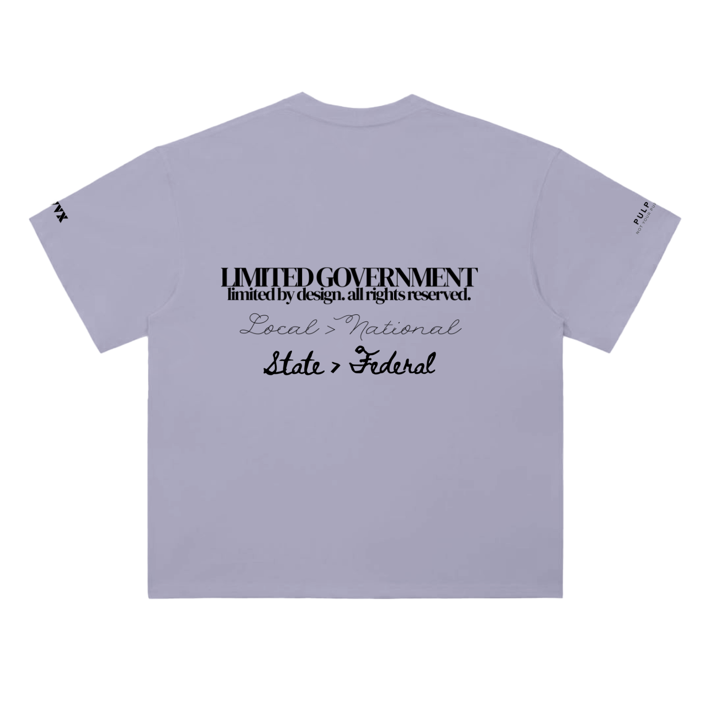 Limited government t-shirt in light purple featuring typographic back graphic