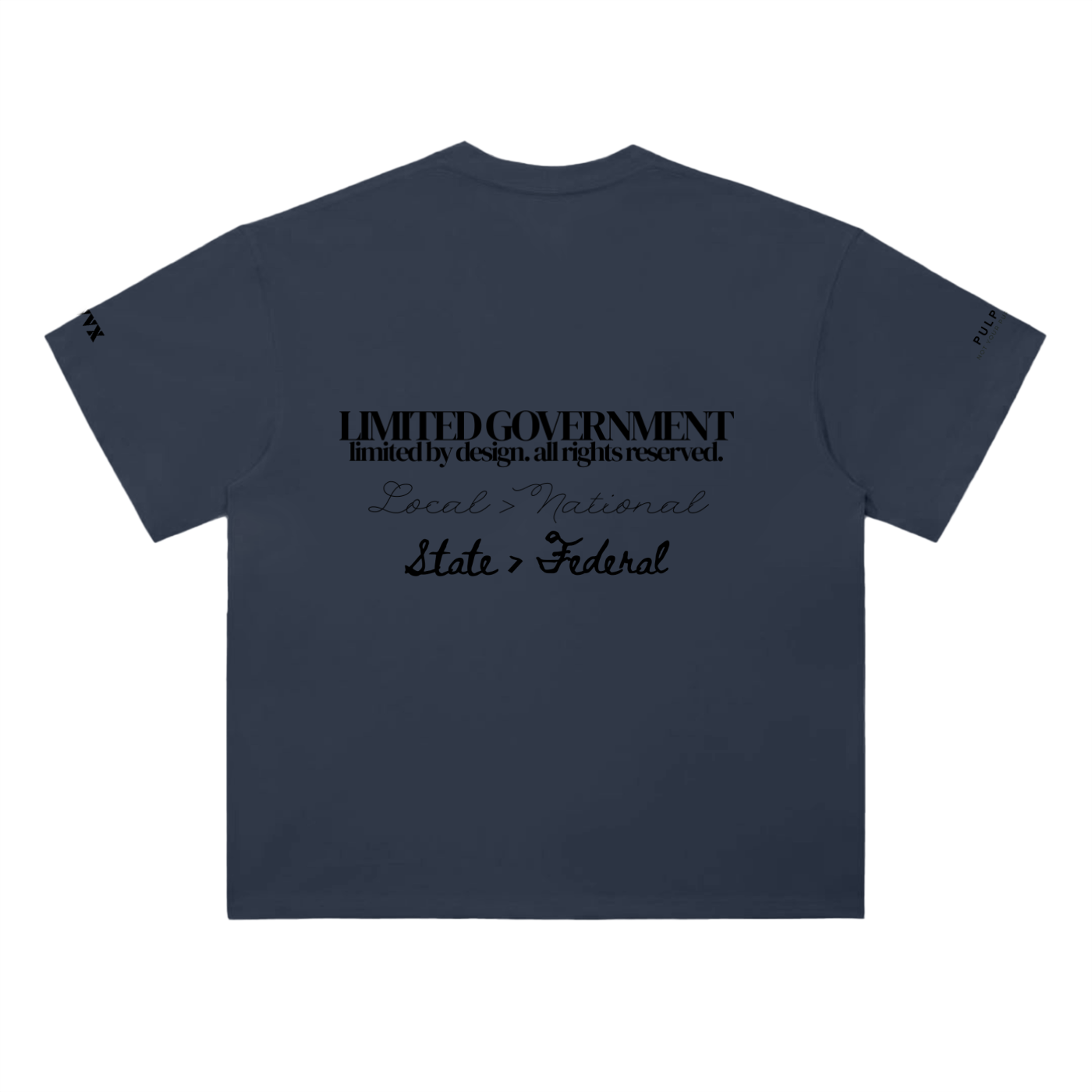 Limited government t-shirt in navy blue featuring typographic back graphic