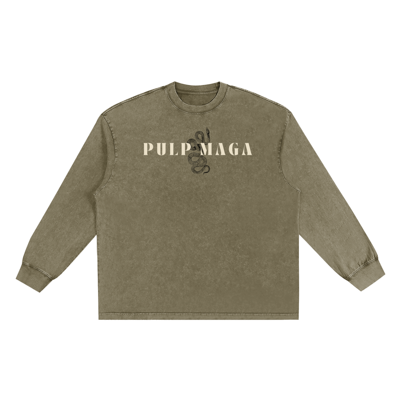 LONG SLEEVED WASHED GREEN SHIRT FROM PULP MAGA WITH MAHA SOAKED IN RAW MILK TEXT