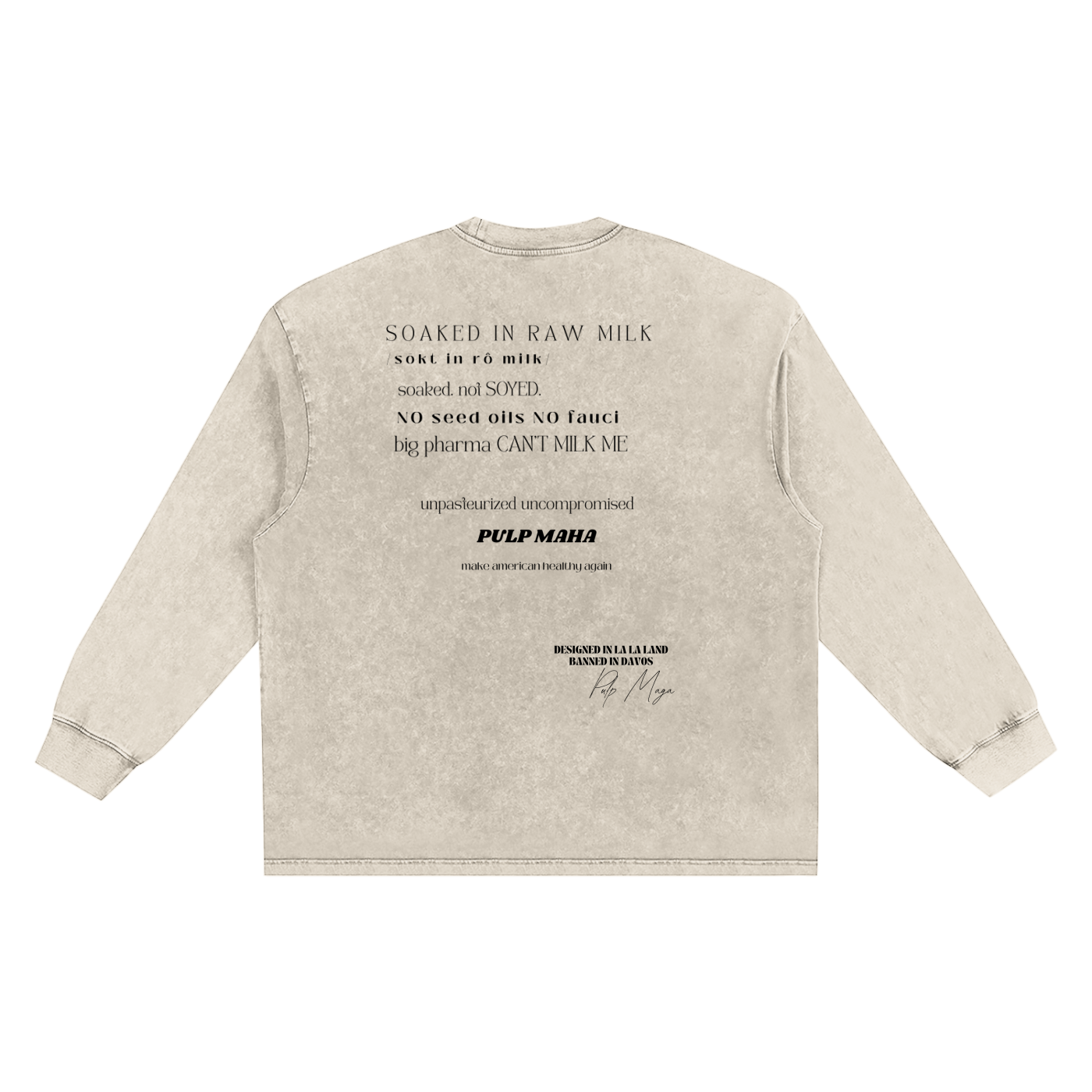 BEIGE LONG SLEEVE STREETWEAR IN MUTED TONE FEAR OF GOD STYLE AND SOAKED IN RAW MILK NO FAUCI TEXT