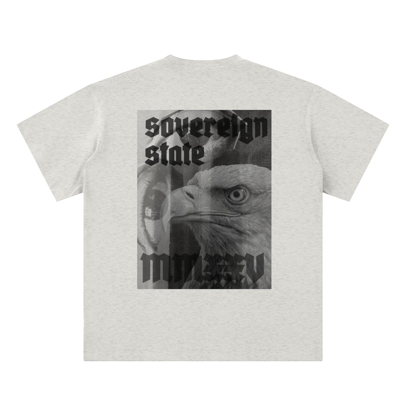national sovereignty t-shirt back view in oat gray with MINIMAL EAGLE graphic on sueded cotton