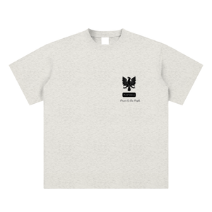 national sovereignty t-shirt front view in oat gray featuring MAGA Opus Eagle emblem on sueded cotton tee
