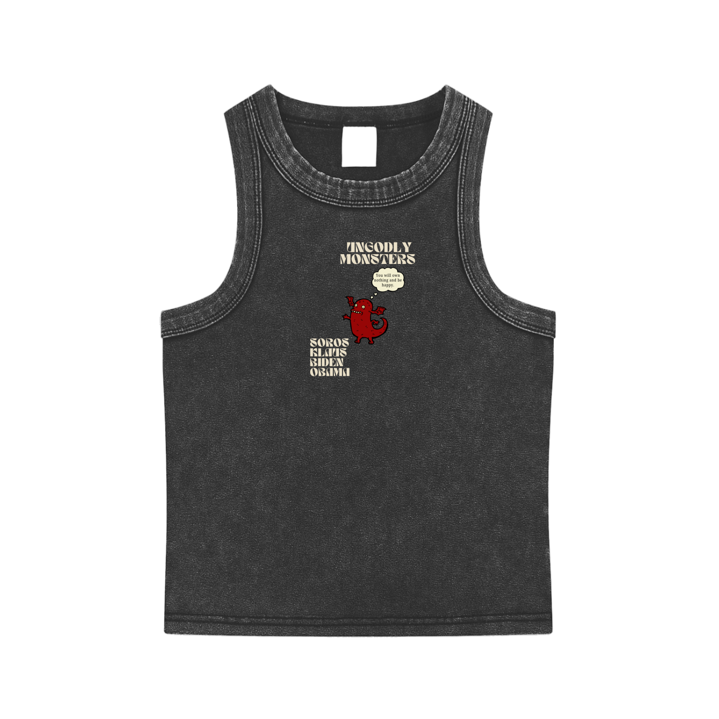 own nothing and be happy womens y2k style flattering tank with cartoon graphic 