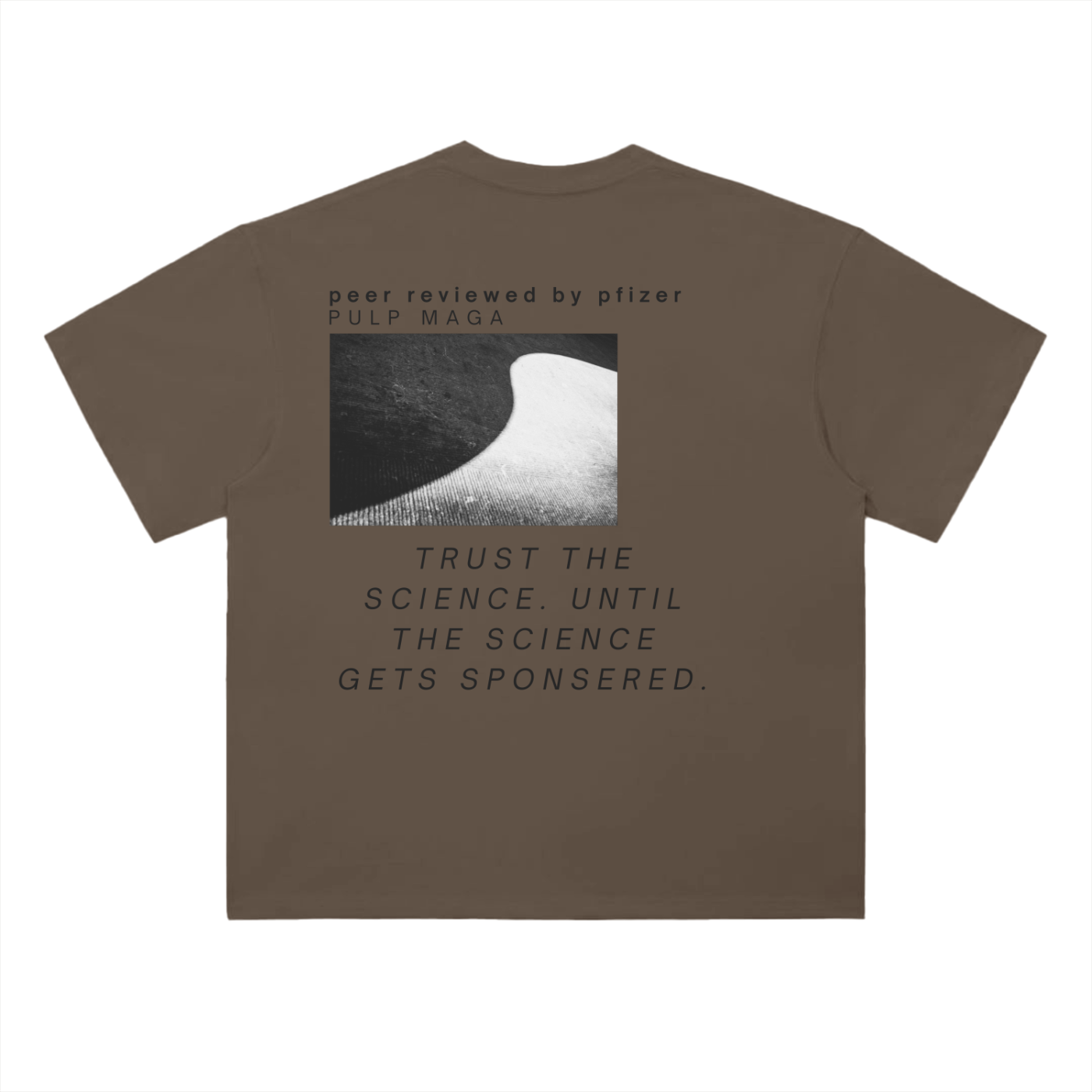 Dark gray ‘Peer Reviewed by Pfizer’ shirt – oversized glitch print mocking media-sponsored science