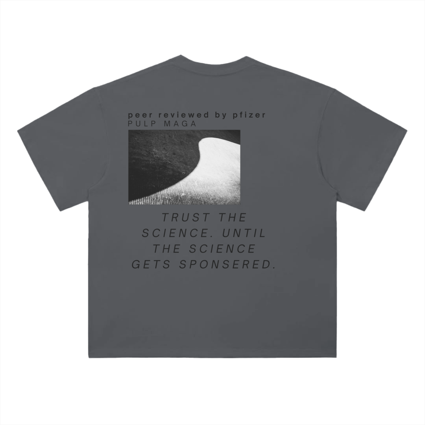 Back of heavyweight dark gray t-shirt – minimalist design for critical thinkers