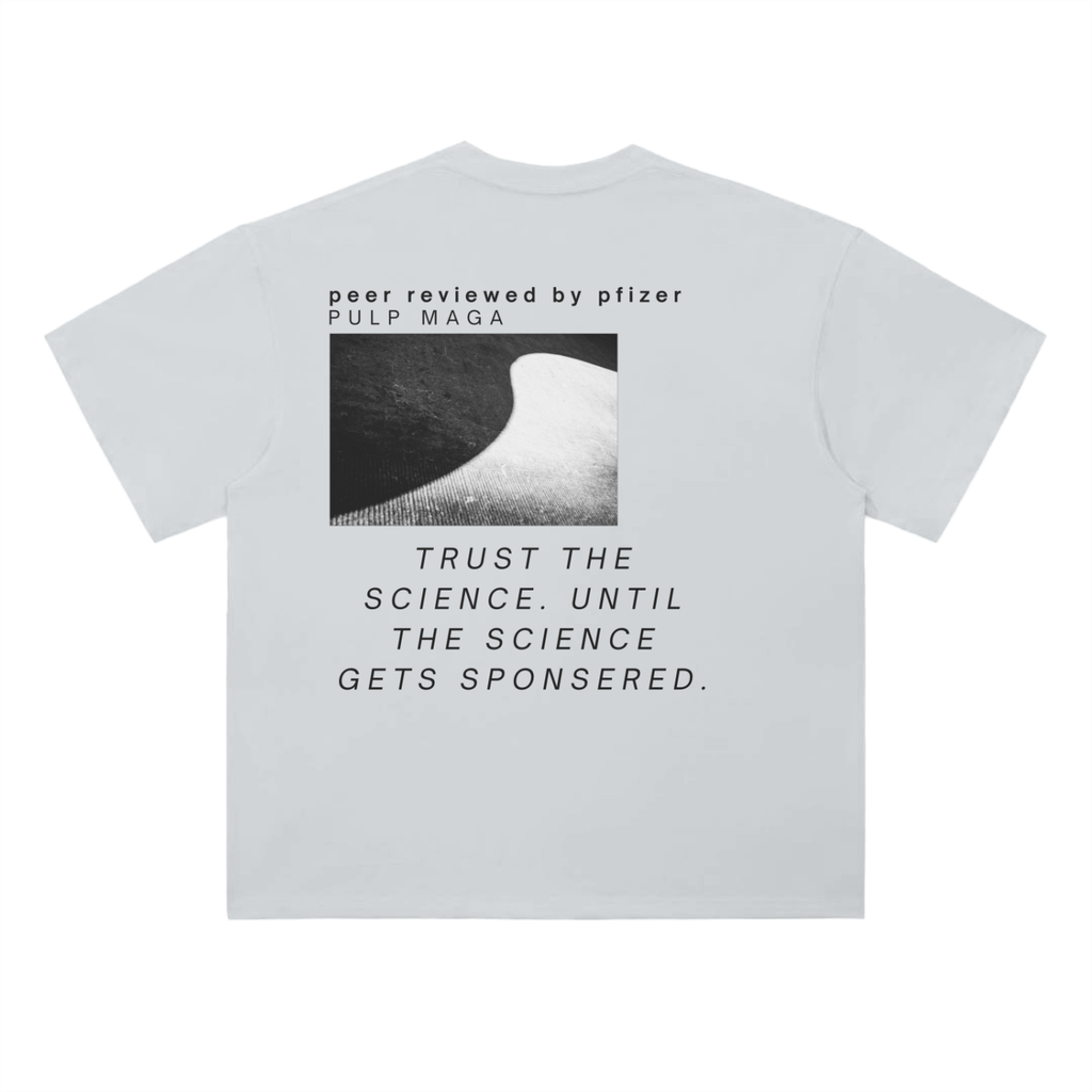 Light gray anti-pharma t-shirt – surreal censorship glitch graphic by PULP MAGA