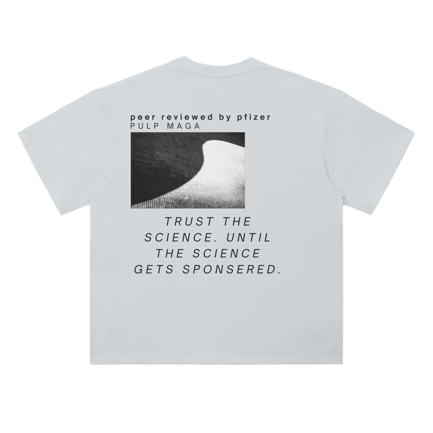Light gray anti-pharma t-shirt – surreal censorship glitch graphic by PULP MAGA
