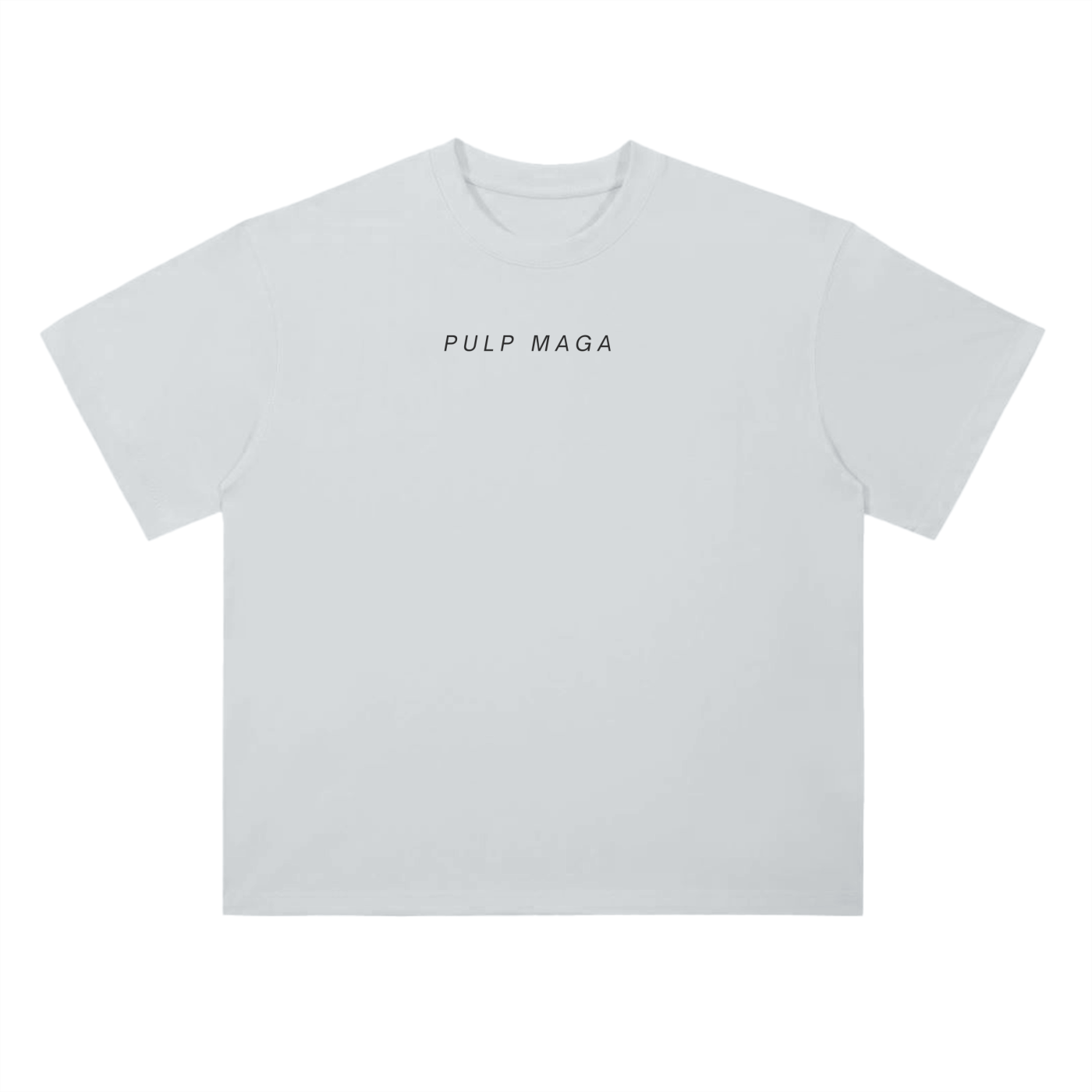 Back of light gray oversized tee with subtle minimalist design