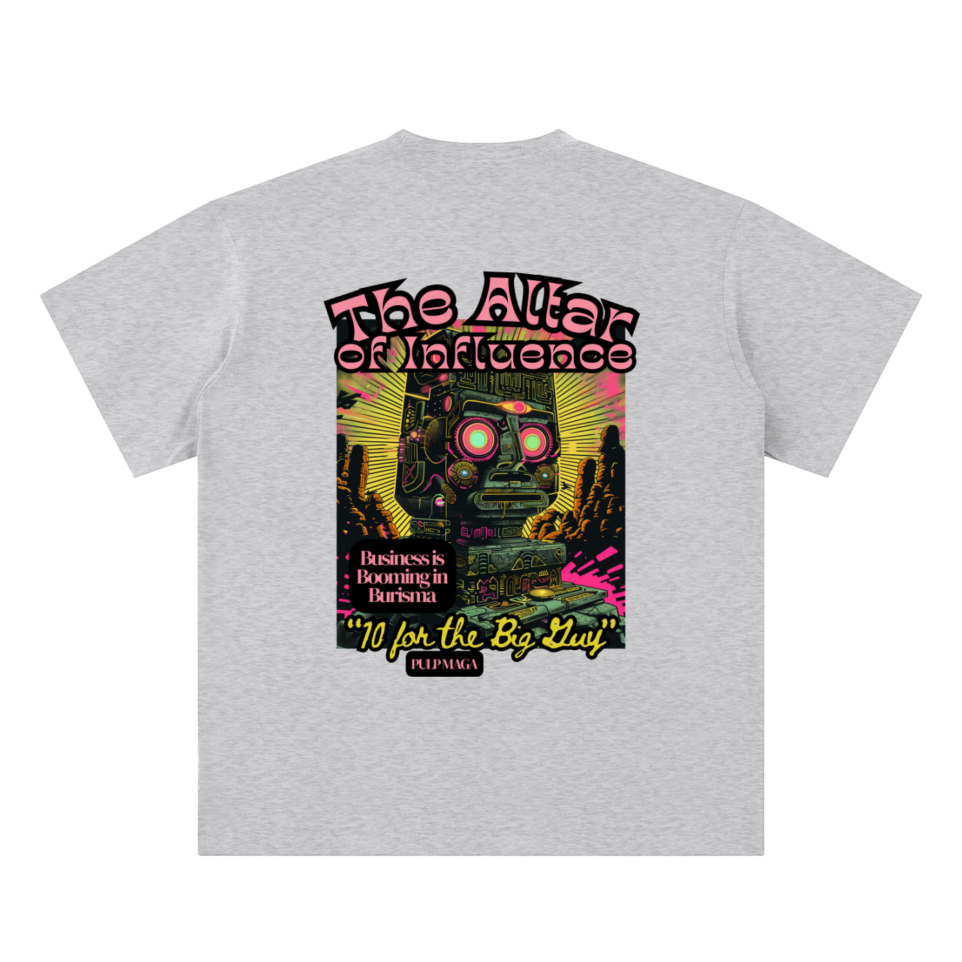 political corruption t-shirt back view in flower gray featuring Altar of Influence graphic on sueded cotton