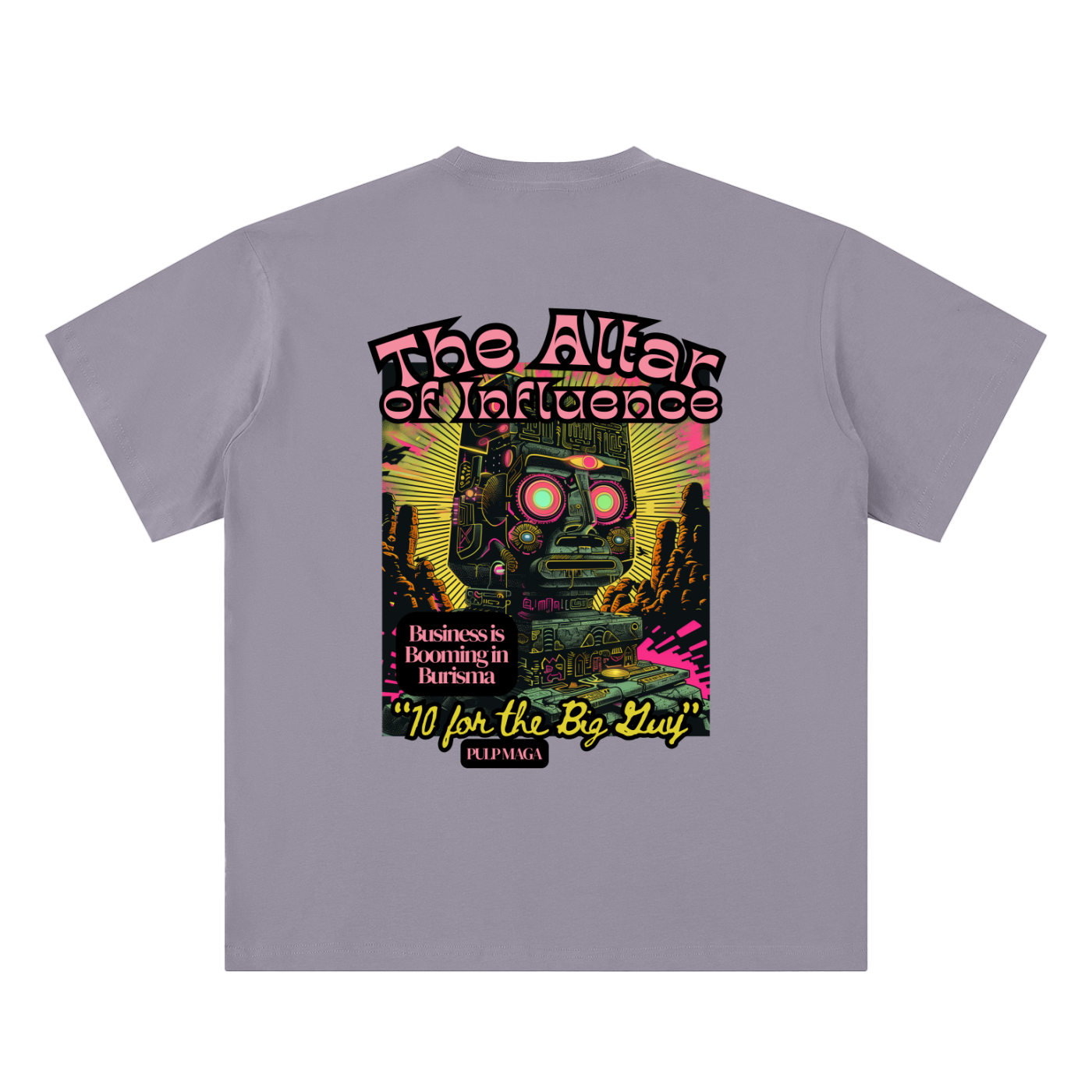 political corruption t-shirt back view in gray purple featuring Altar of Influence graphic on sueded cotton