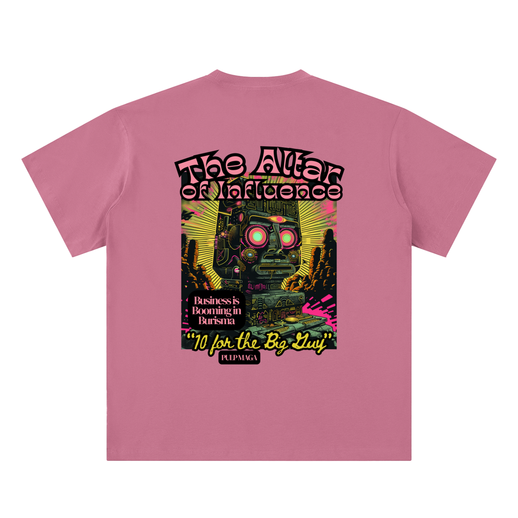 political corruption t-shirt back view in pink featuring Altar of Influence graphic on sueded cotton