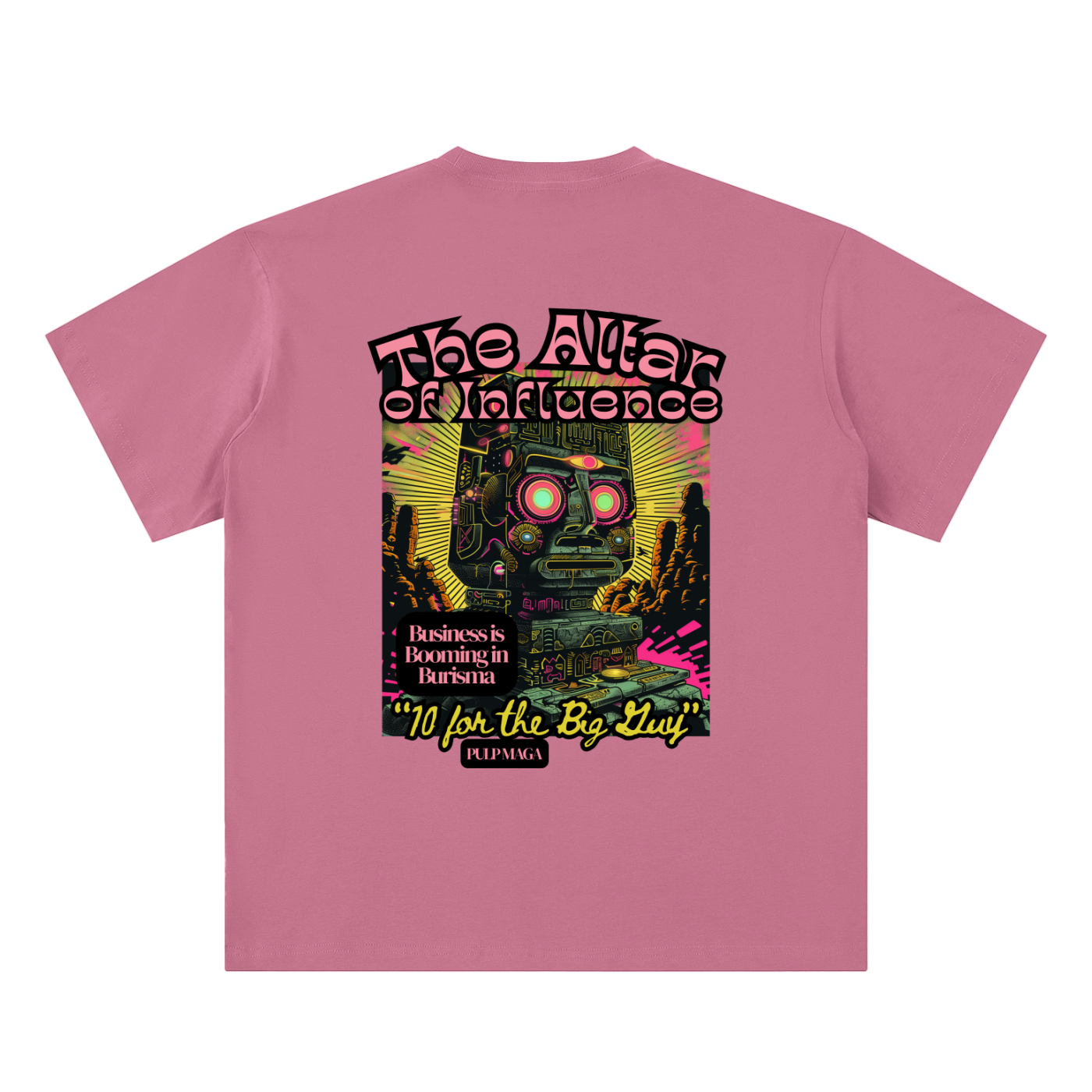 political corruption t-shirt back view in pink featuring Altar of Influence graphic on sueded cotton