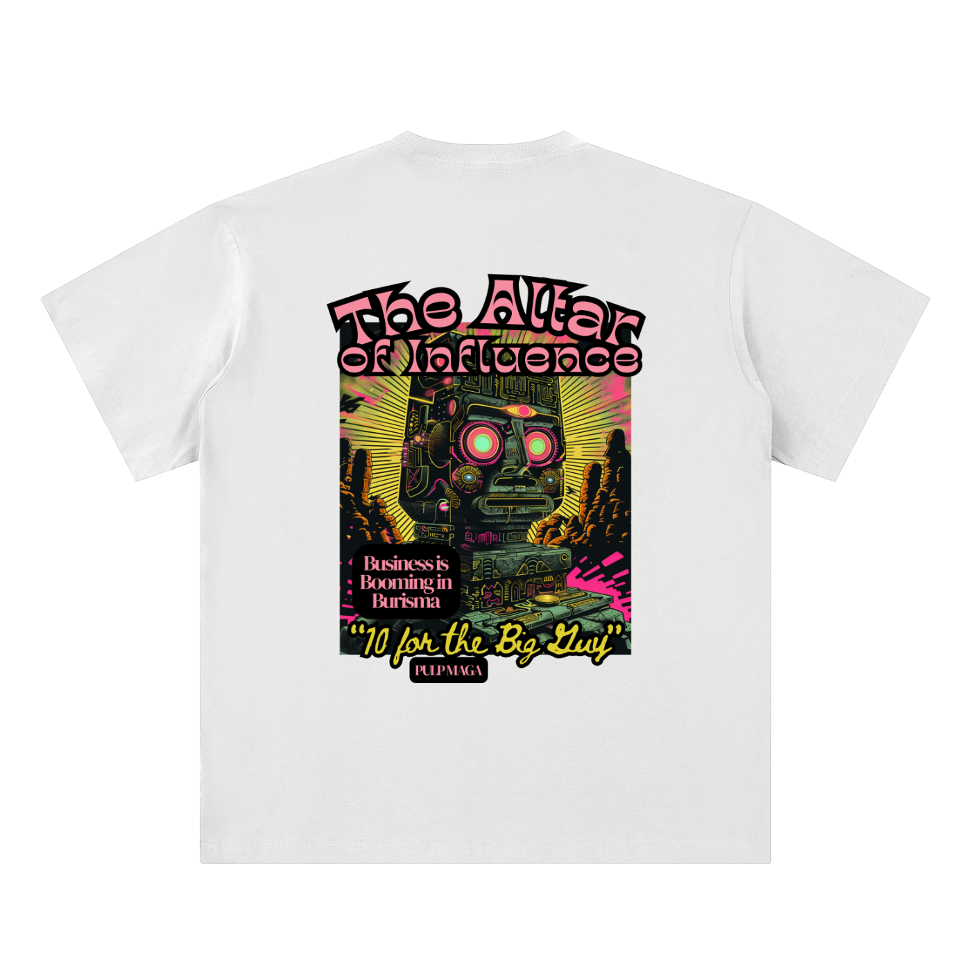 political corruption t-shirt back view in white featuring Altar of Influence graphic on sueded cotton