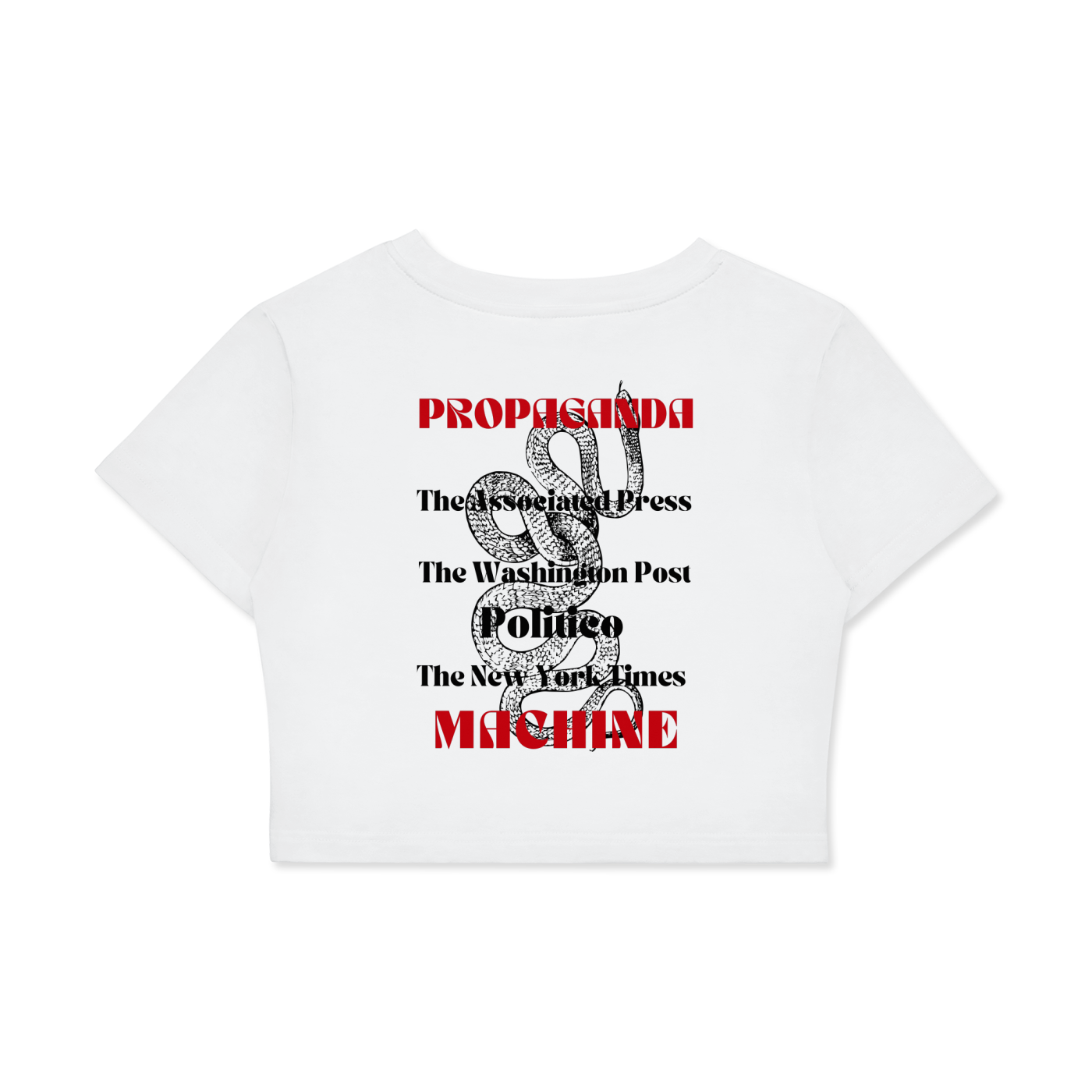 womens white fitted crop with fake news facts with high contrast maximal text and print in pulp fiction style