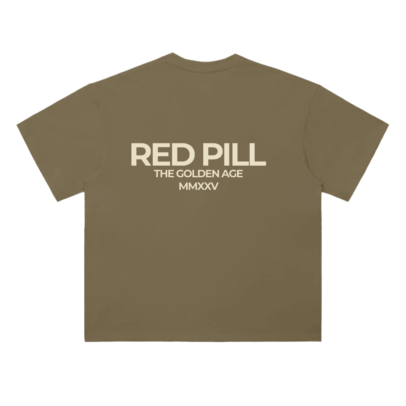 Red pill t-shirt in deep khaki featuring minimalist back text