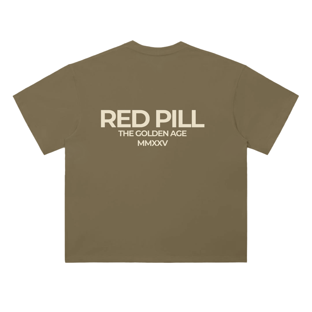 Red pill t-shirt in deep khaki featuring minimalist back text
