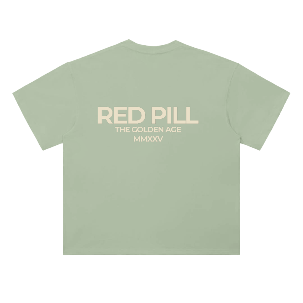 Red pill t-shirt in gray green featuring minimalist back text