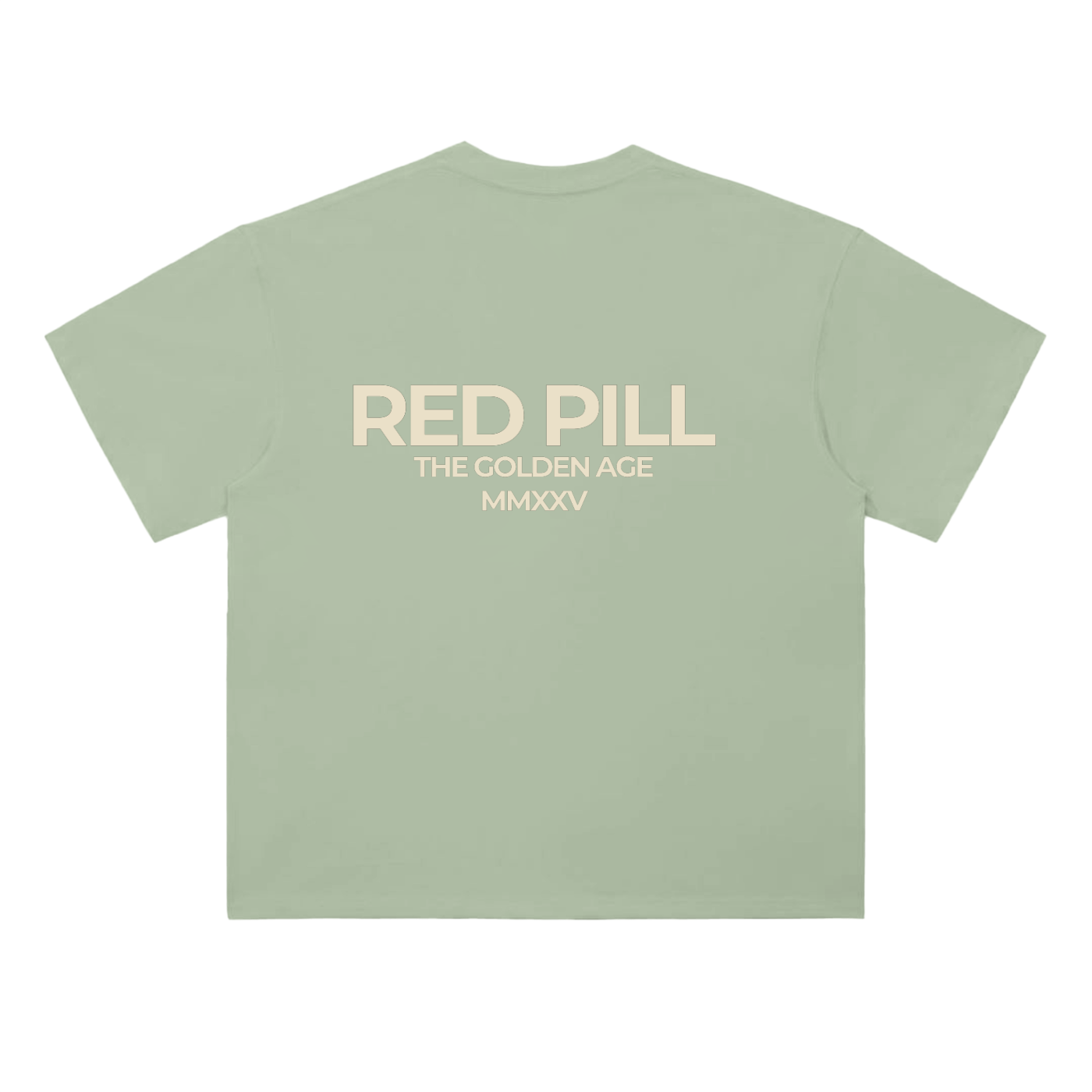 Red pill t-shirt in gray green featuring minimalist back text
