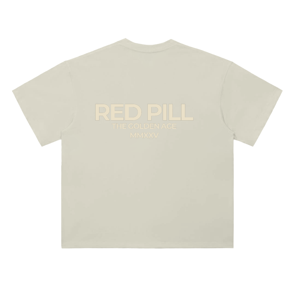 Red pill t-shirt in milk apricot featuring minimalist back text