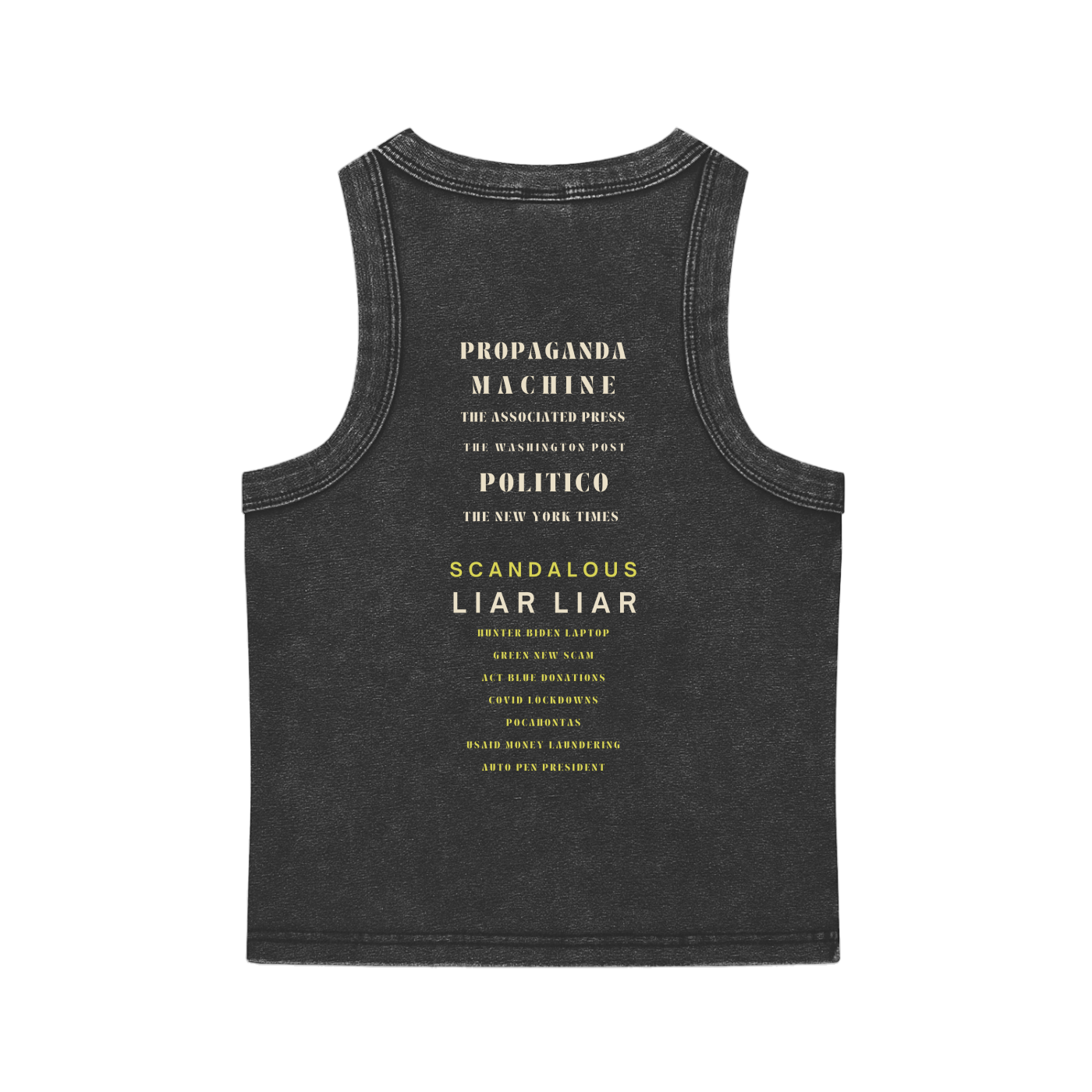 BLACK Y2K TANK WITH BACK TEXT 'PROPAGANDA MACHINE THE ASSOCIATED PRESS THE WASHINGTON POST POLTICO THE NEW YORK TIMES'