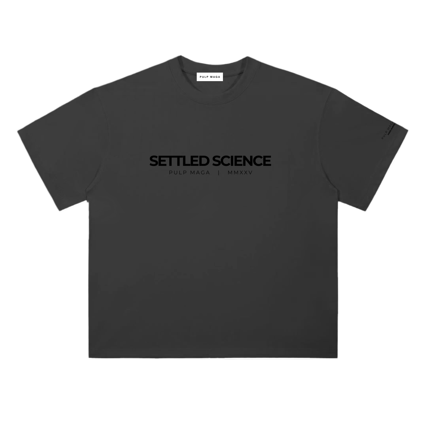 Settled science t-shirt in black featuring minimalist front typography