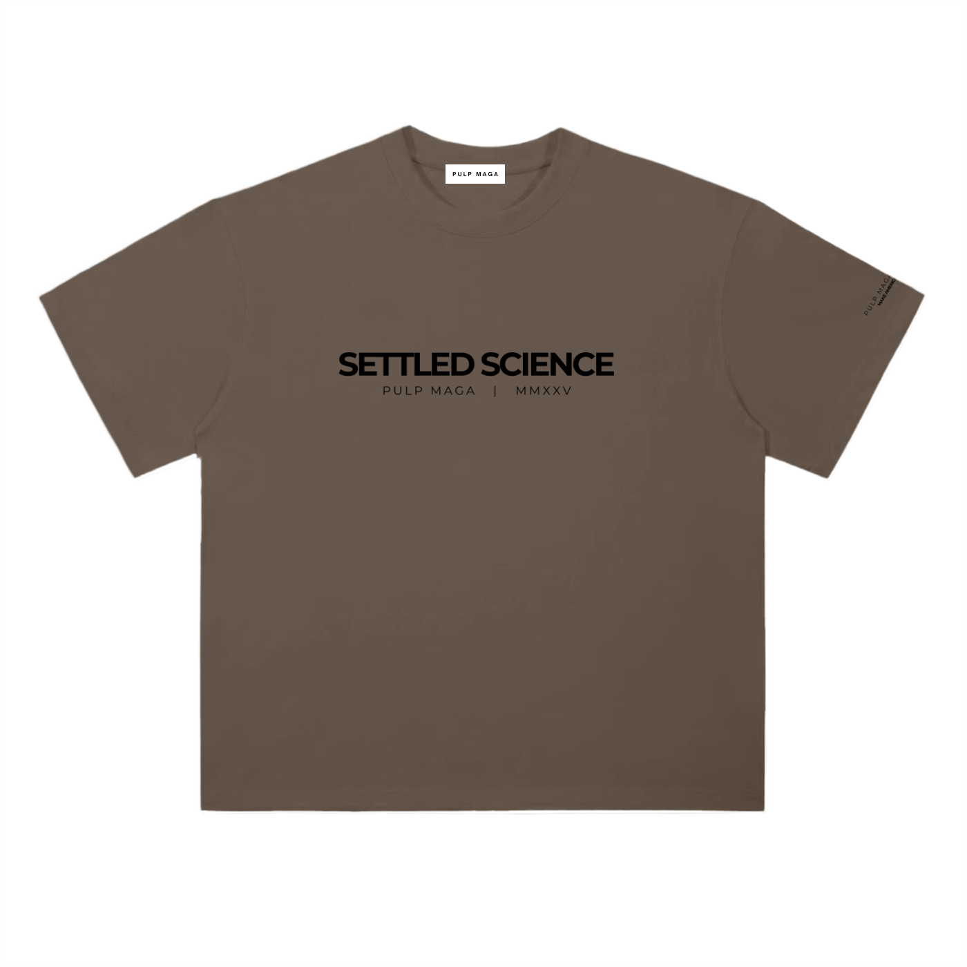 Settled science t-shirt in coffee brown with minimalist front typography