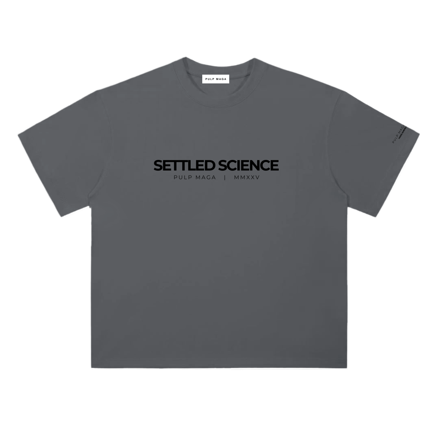 Settled science t-shirt in dark gray with minimalist front typography