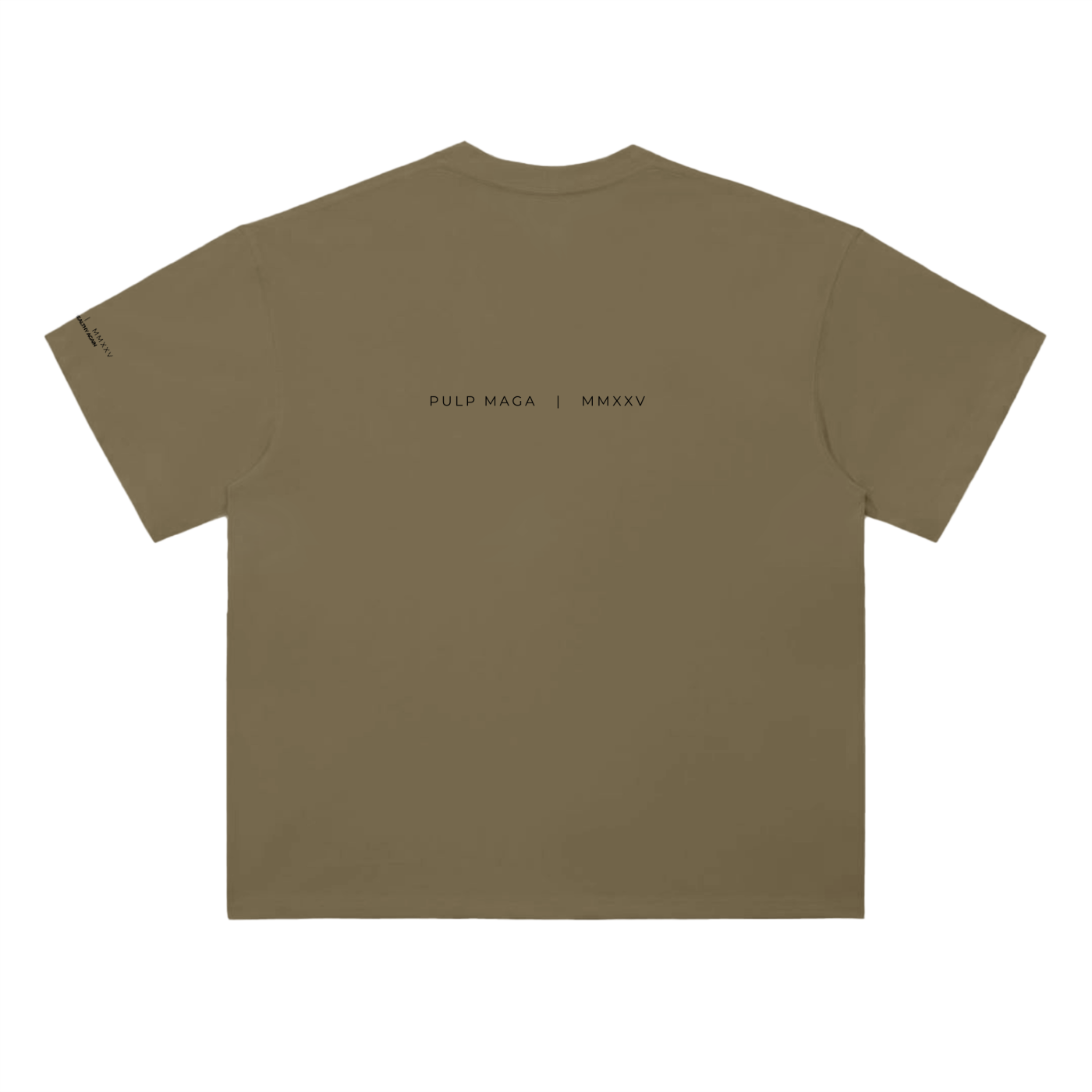 Settled science t-shirt in deep khaki with editorial back text
