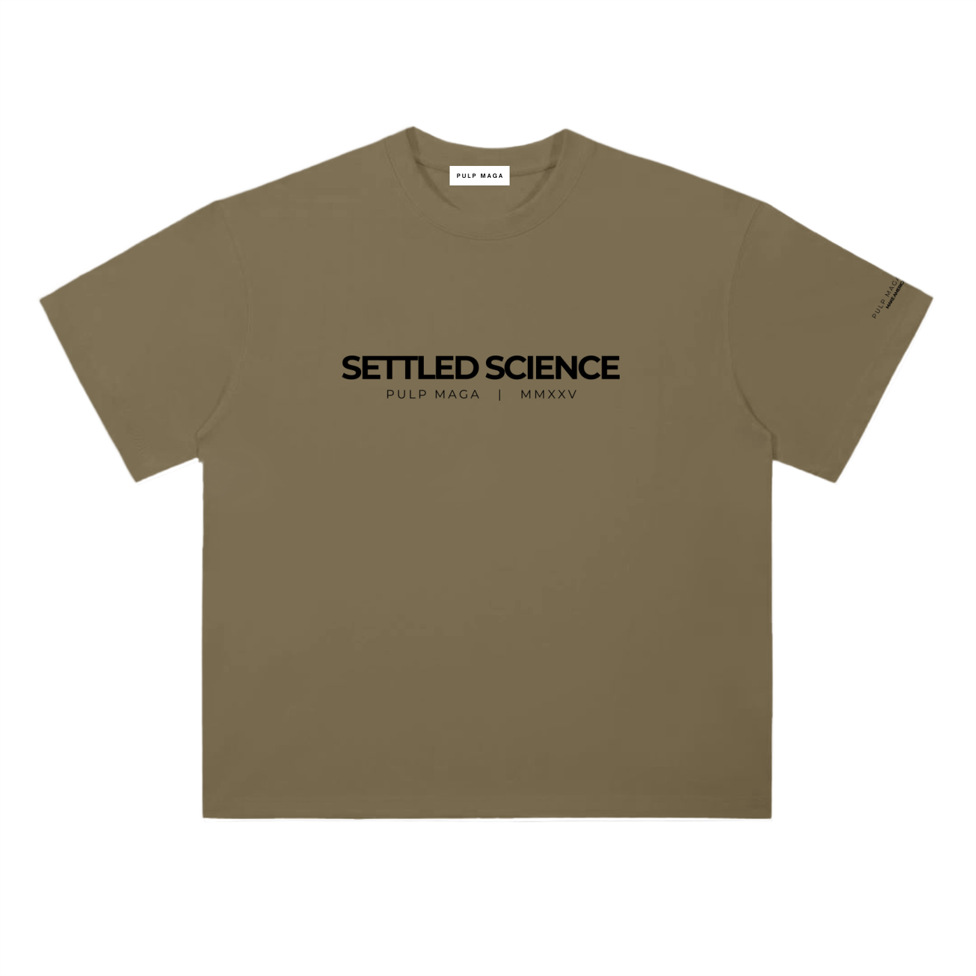 Settled science t-shirt in deep khaki with minimalist front typography
