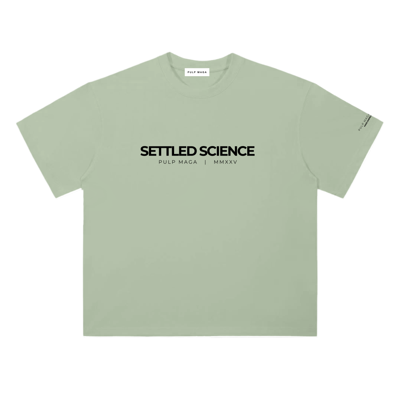 Settled science t-shirt in gray green with minimalist front typography