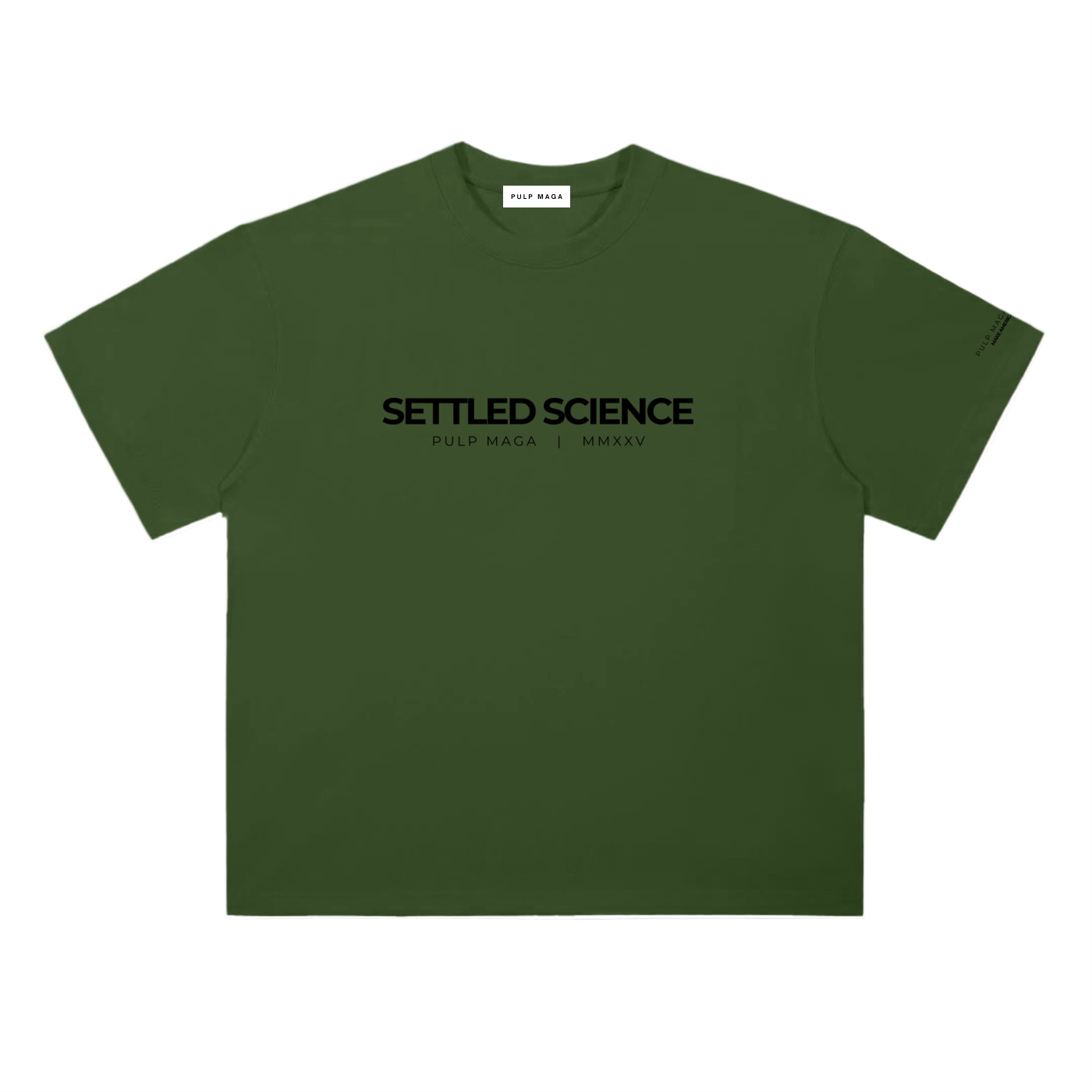 Settled science t-shirt in jungle green featuring minimalist front typography