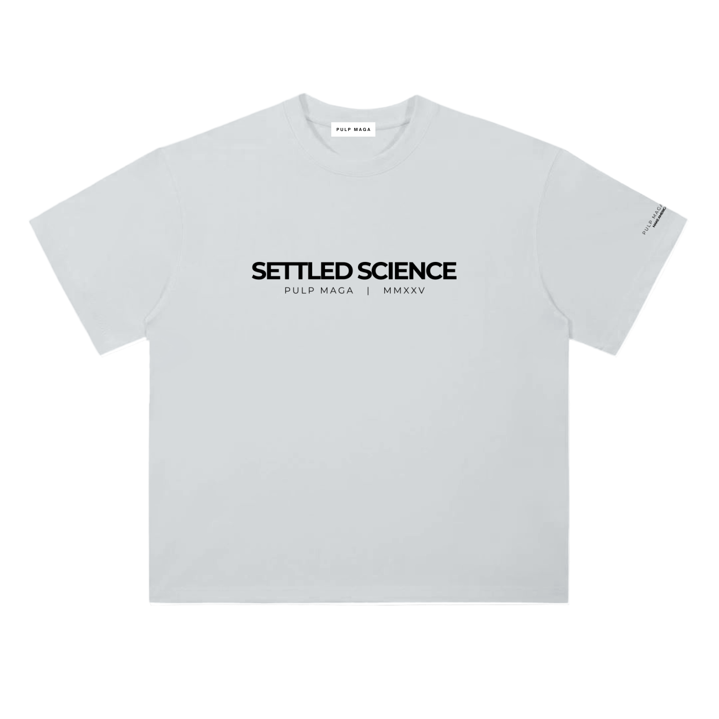 Settled science t-shirt in light gray with minimalist front typography