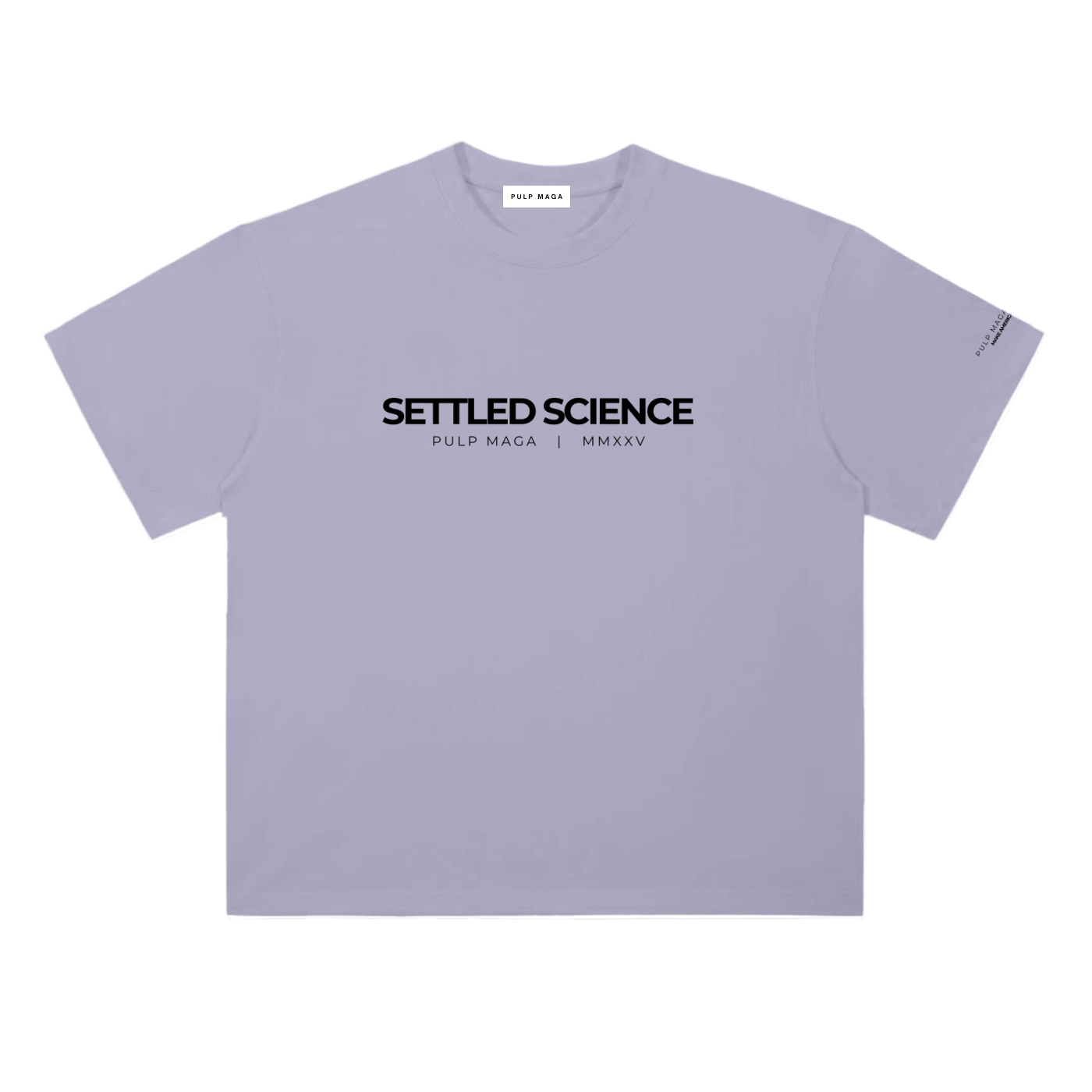 Settled science t-shirt in light purple featuring minimalist front typography