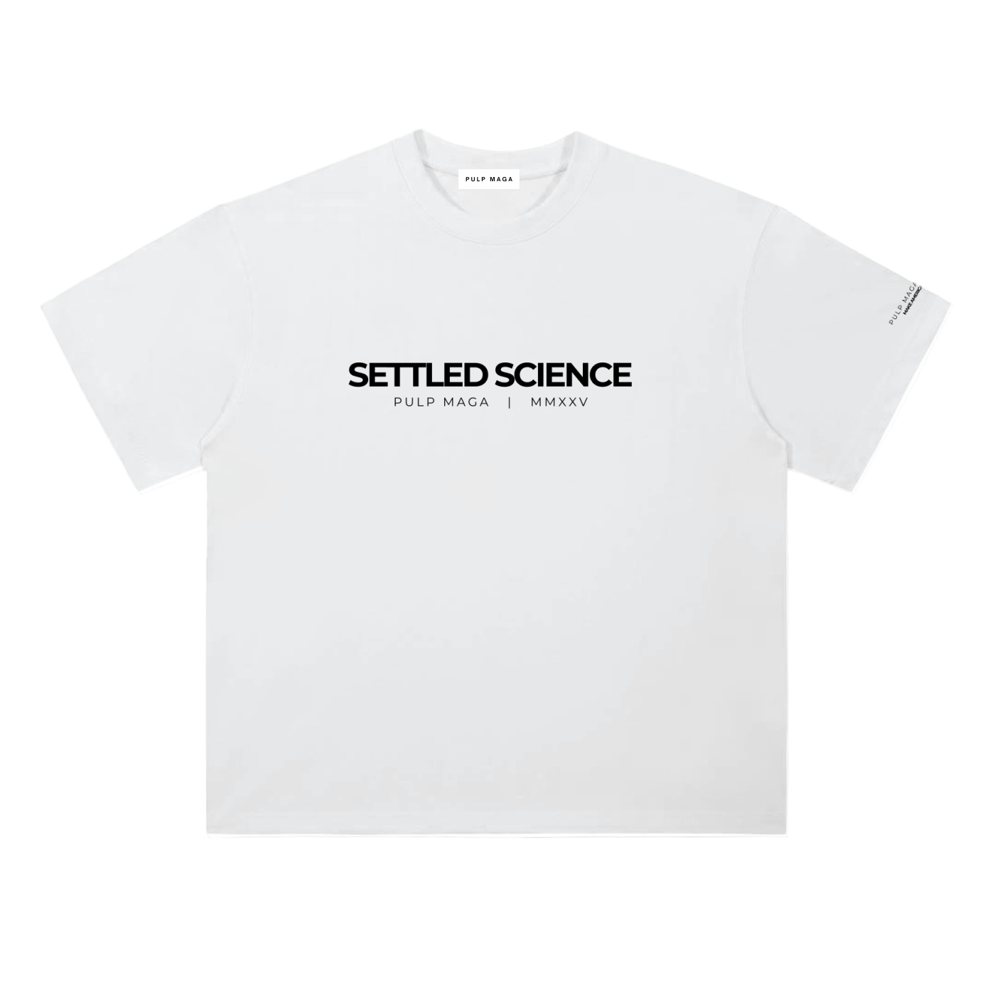 Settled science t-shirt in lucent white featuring minimalist front typography