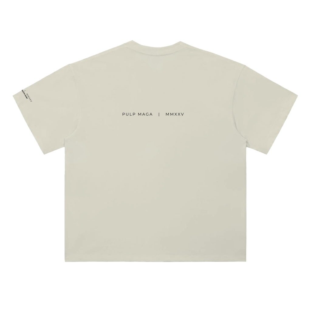 Settled science t-shirt in milk apricot with editorial text on back