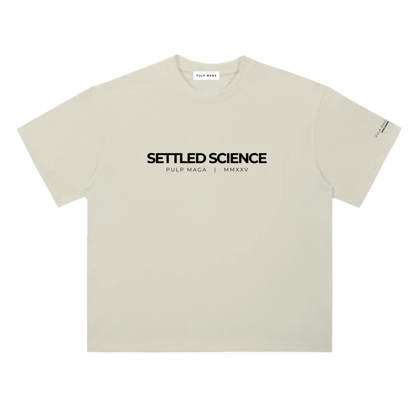 Settled science t-shirt in milk apricot with minimalist front typography