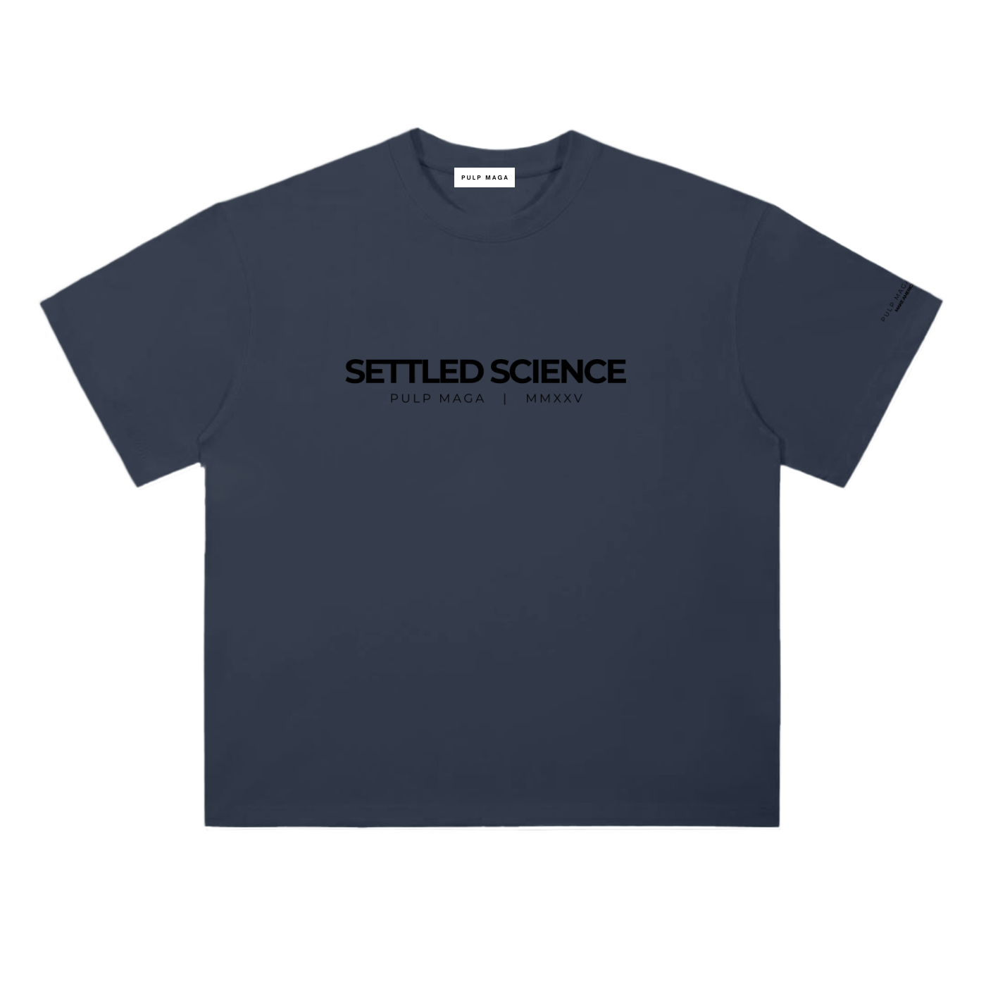 Settled science t-shirt in navy blue featuring minimalist front typography