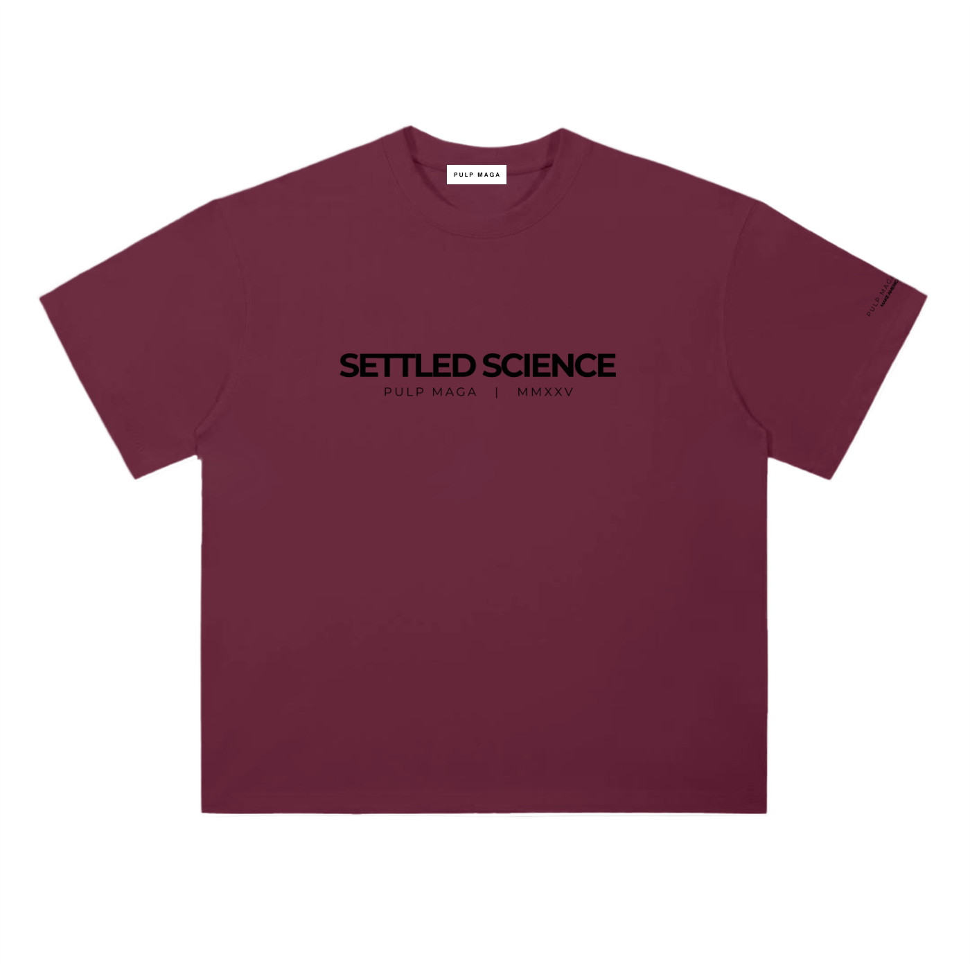 Settled science t-shirt in wine red with minimalist front typography