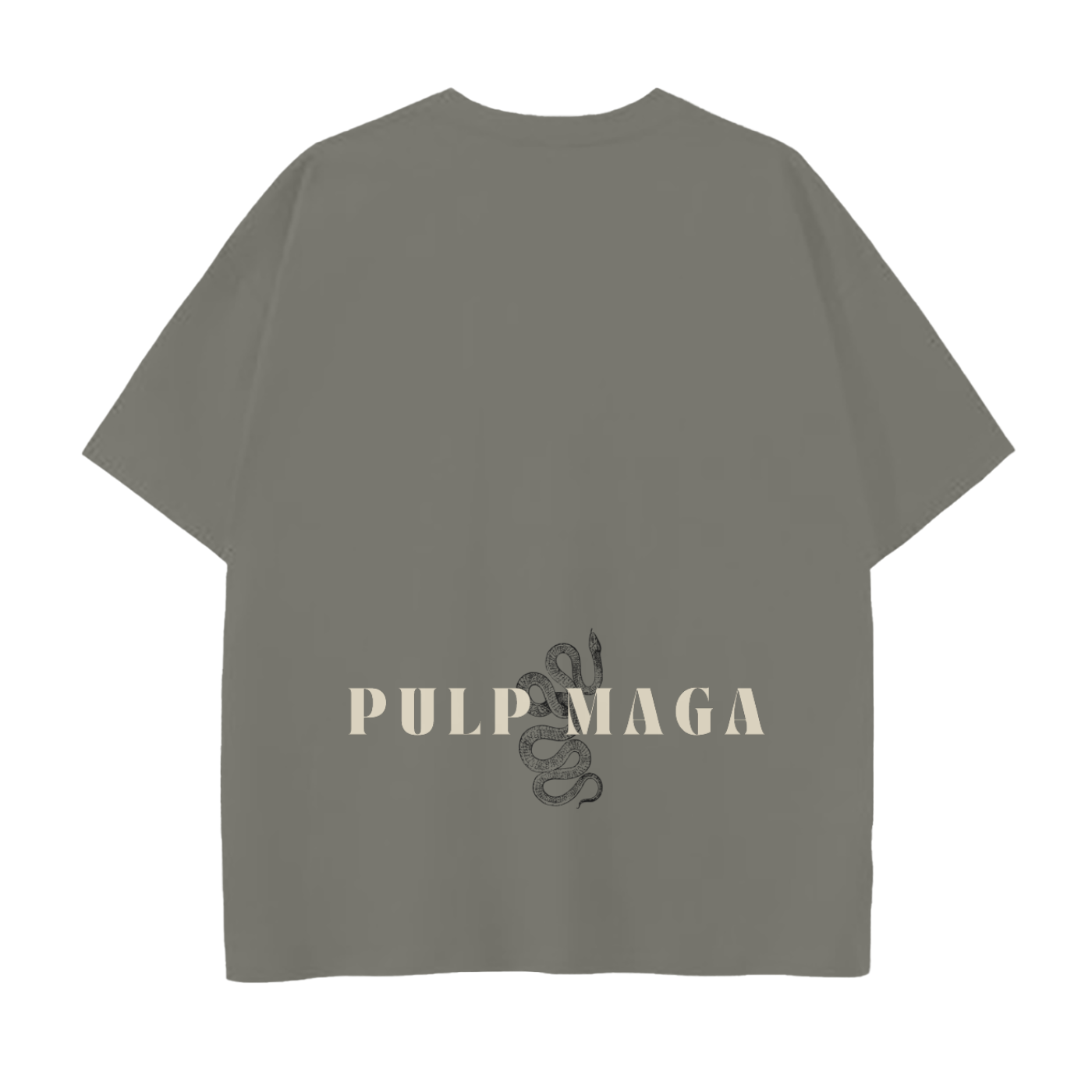 Back of olive-toned unisex graphic shirt – no back design, tonal stitching on luxury muted cotton