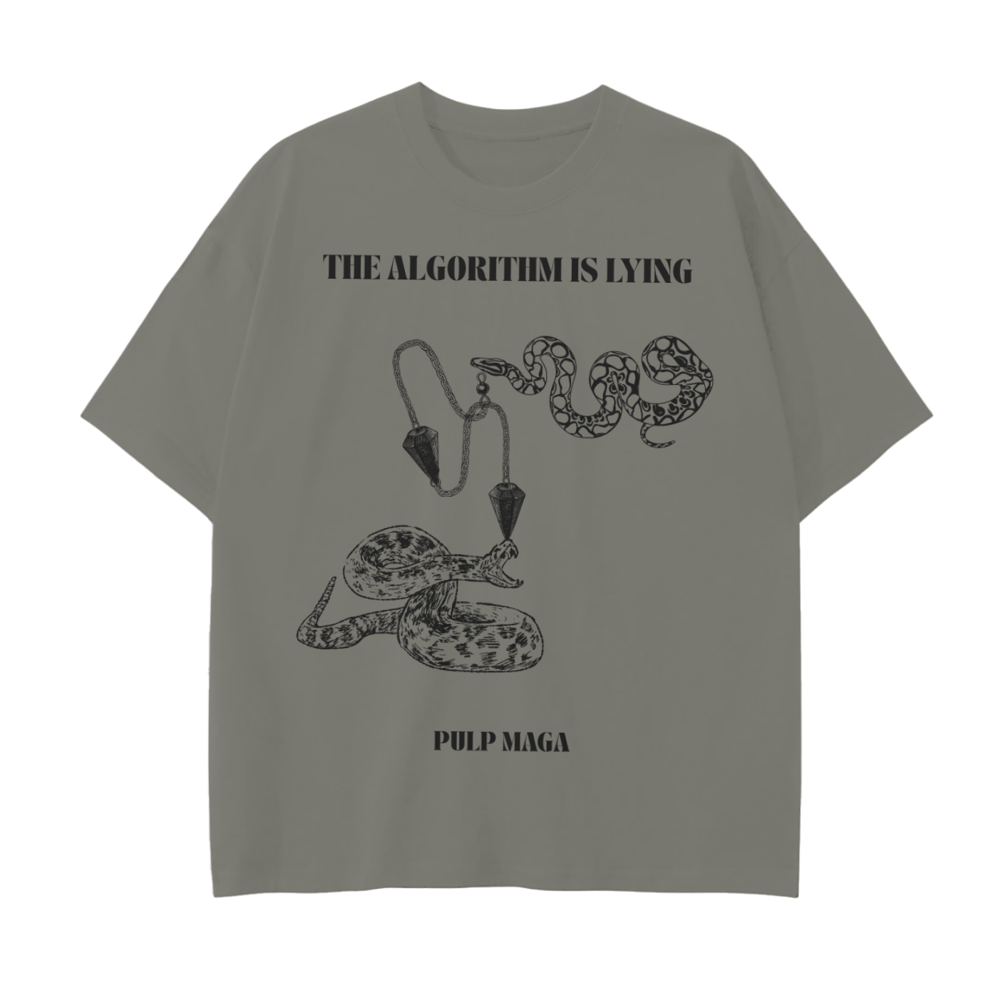 Smokey olive drop shoulder tee with ‘The Algorithm Is Lying’ snake graphic and truth censorship theme on premium designer cotton