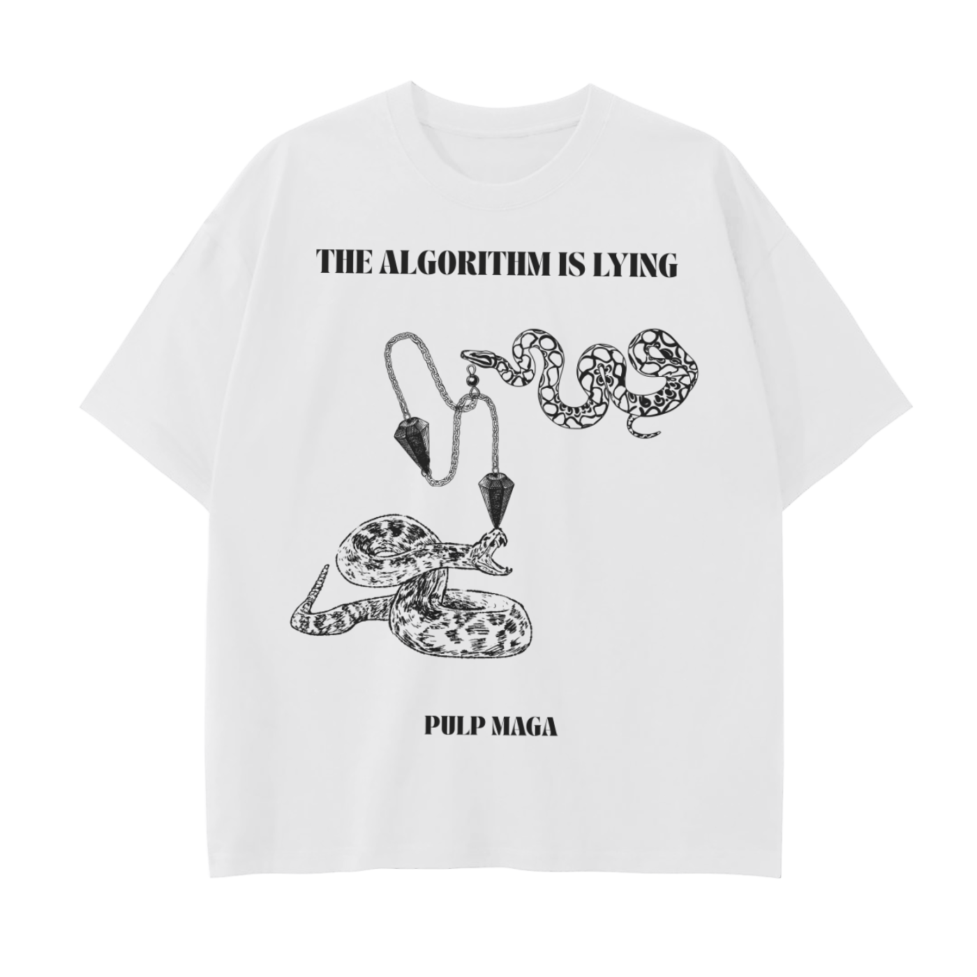 White drop shoulder graphic tee with ‘The Algorithm Is Lying’ snake design – political censorship streetwear with premium designer high fashion aesthetic