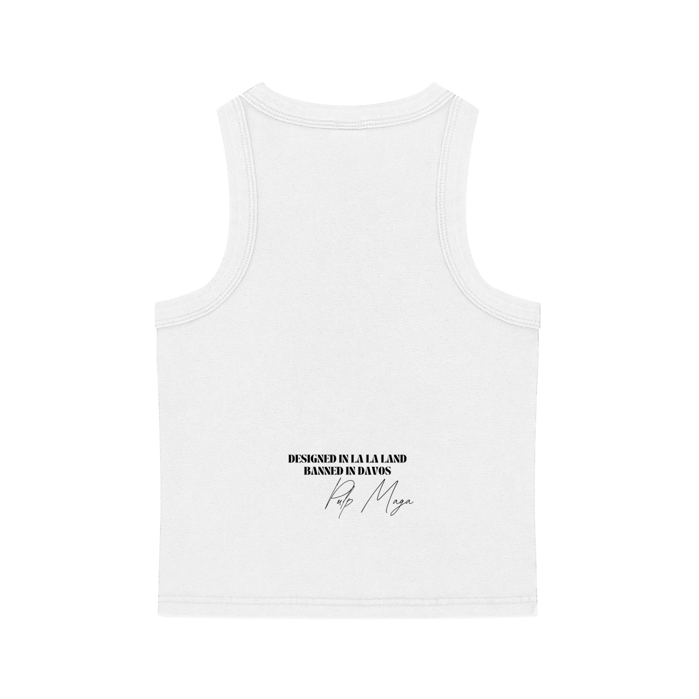 Back of white women’s tank top – snow-washed cotton spandex blend with no rear graphic