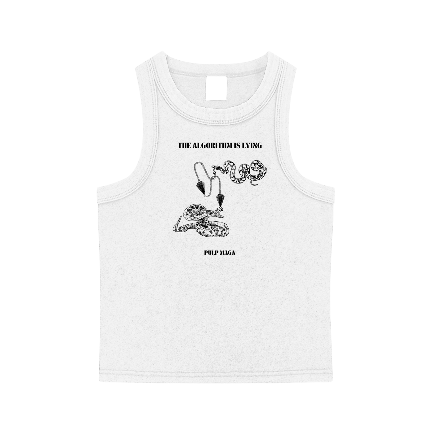 White bodycon tank top with ‘The Algorithm is Lying’ snake coil graphic – snow-washed finish, PULP MAGA prin