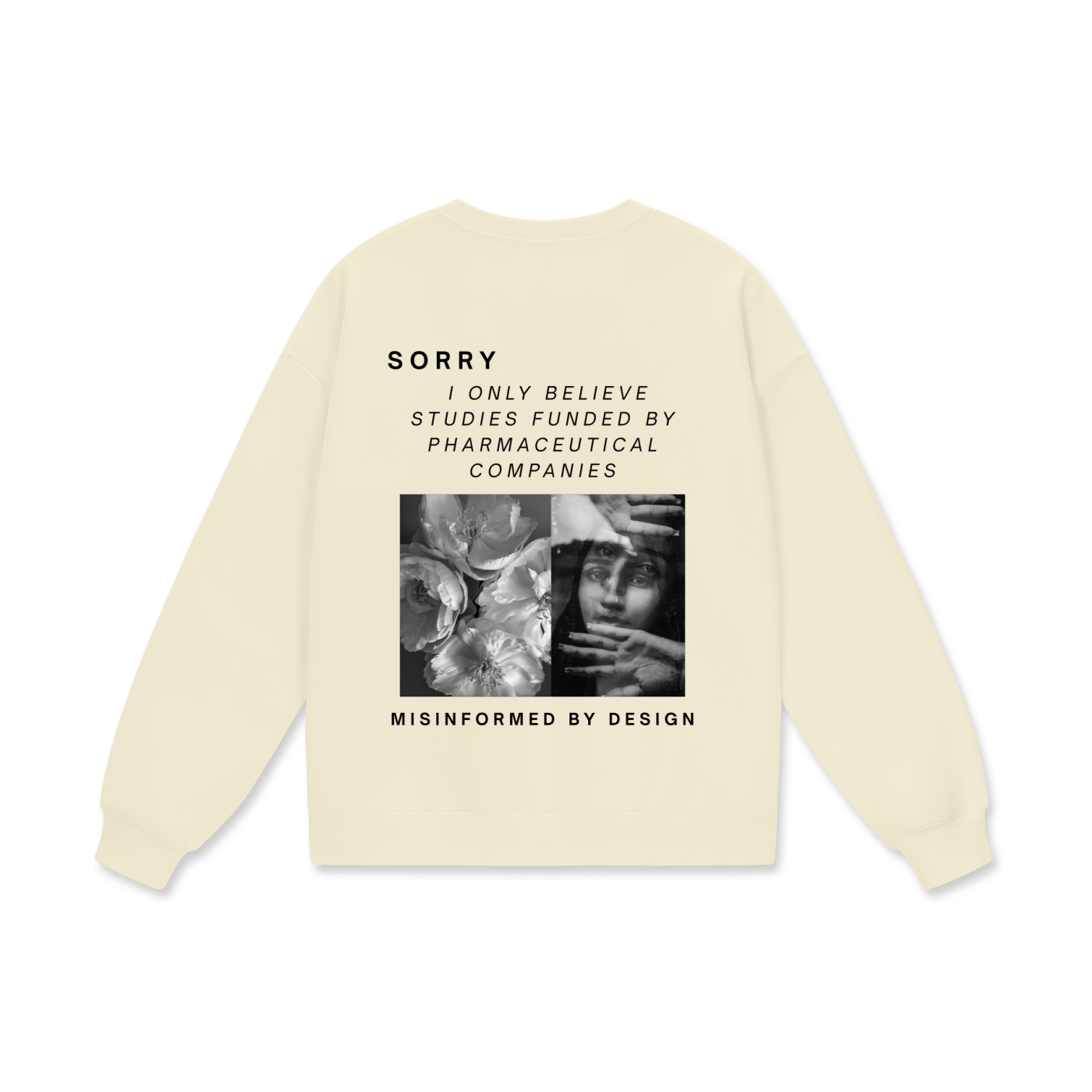 bone sweatshirt with surreal art graphic and anti-pharm message for maha by pulp maga