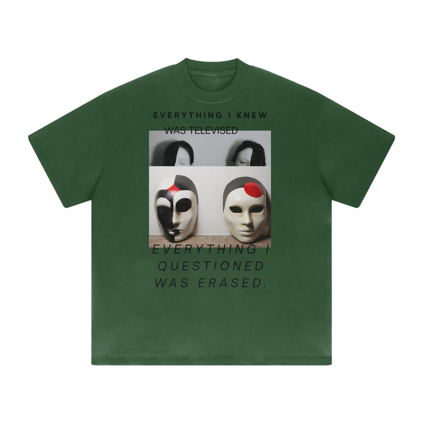 Dark green heavy cotton glitch mask graphic tee – surrealist oversized shirt calling out media propaganda